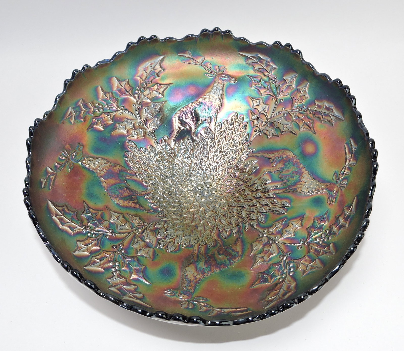 Fenton blue Stag & Holly 10" ice cream bowl: .