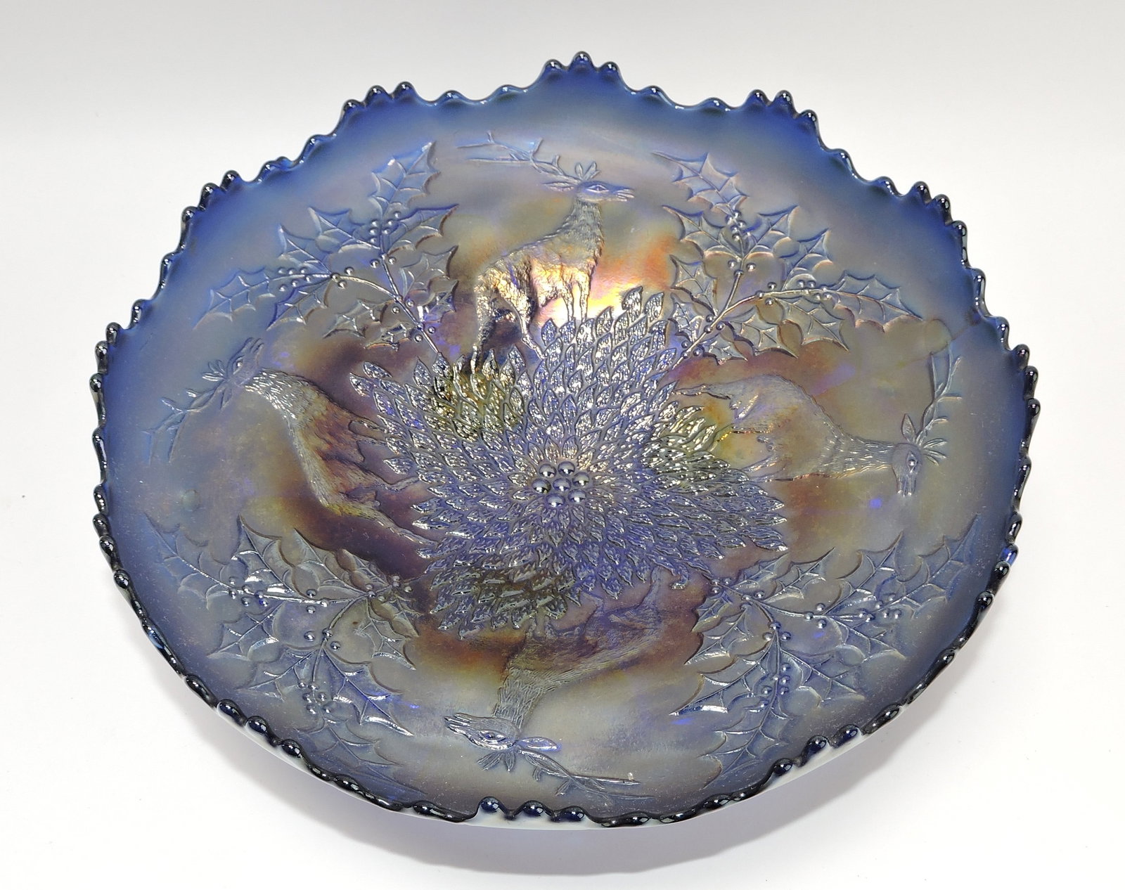 Fenton blue Stag & Holly 10" ice cream bowl: .