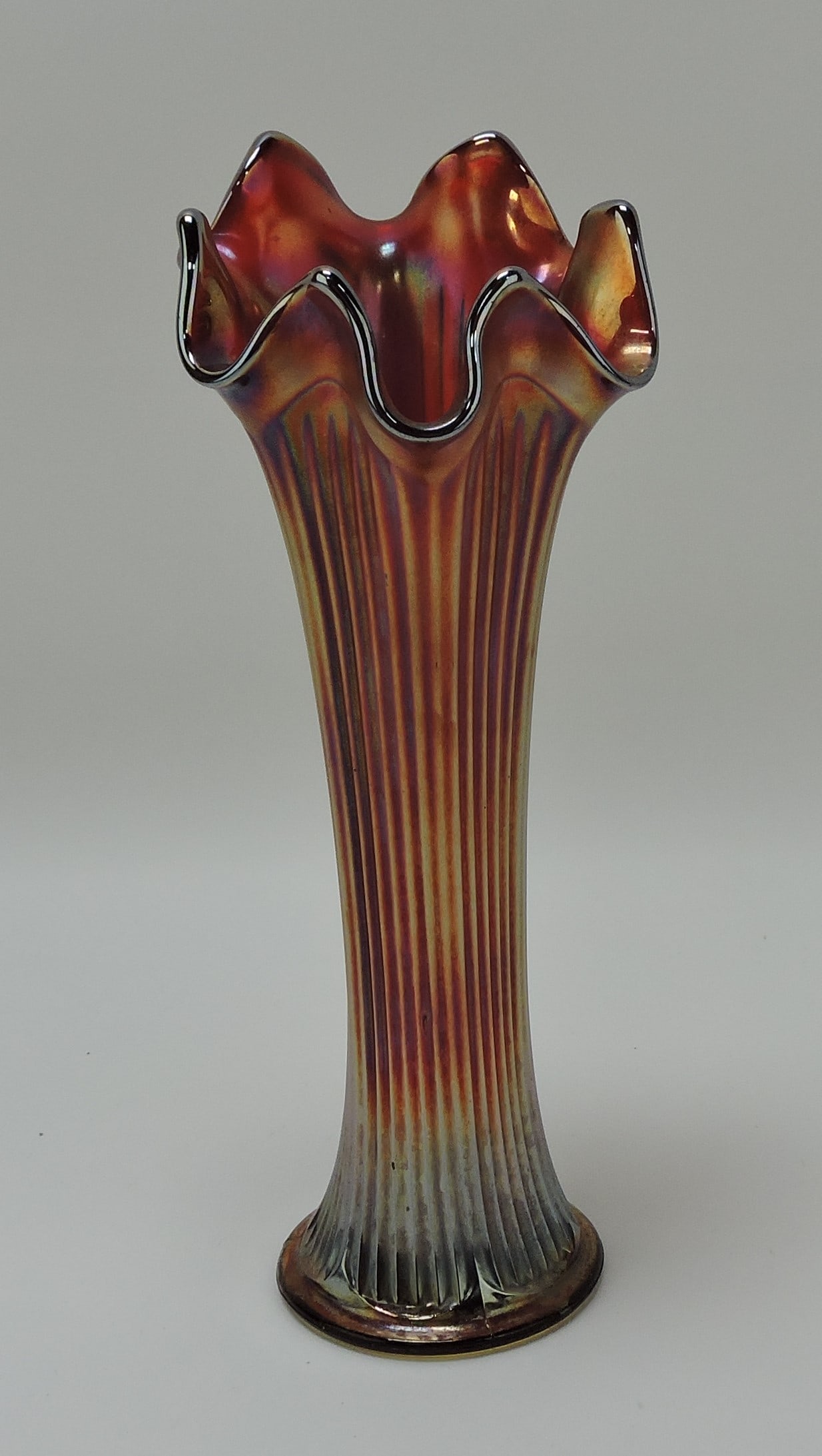 Red carnival glass 9" fine ribbed vase (1 of 1)