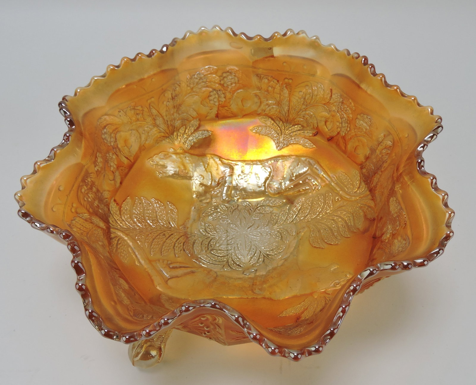Fenton marigold carnival glass 9 1/2": bowl, Panther