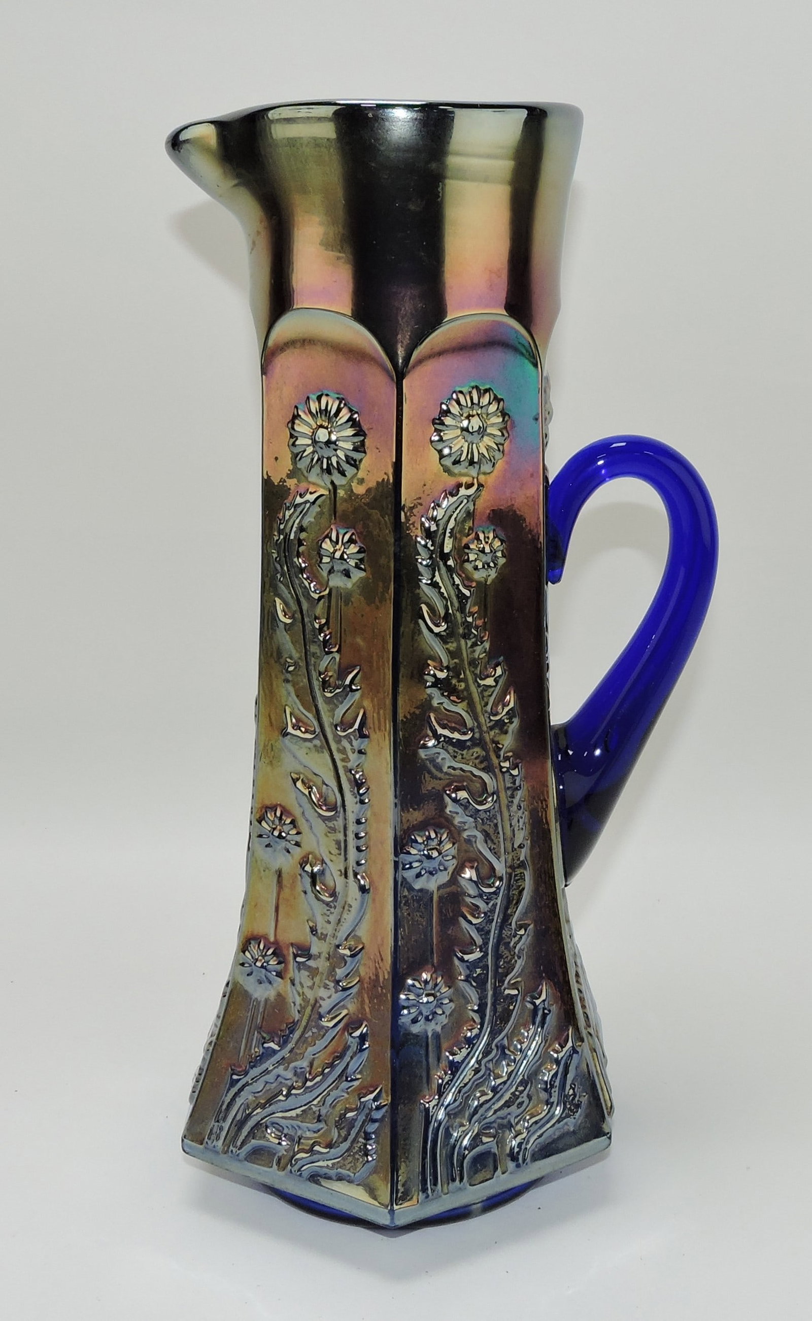 Fenton blue carnival glass Paneled: Dandelion tankard pitcher