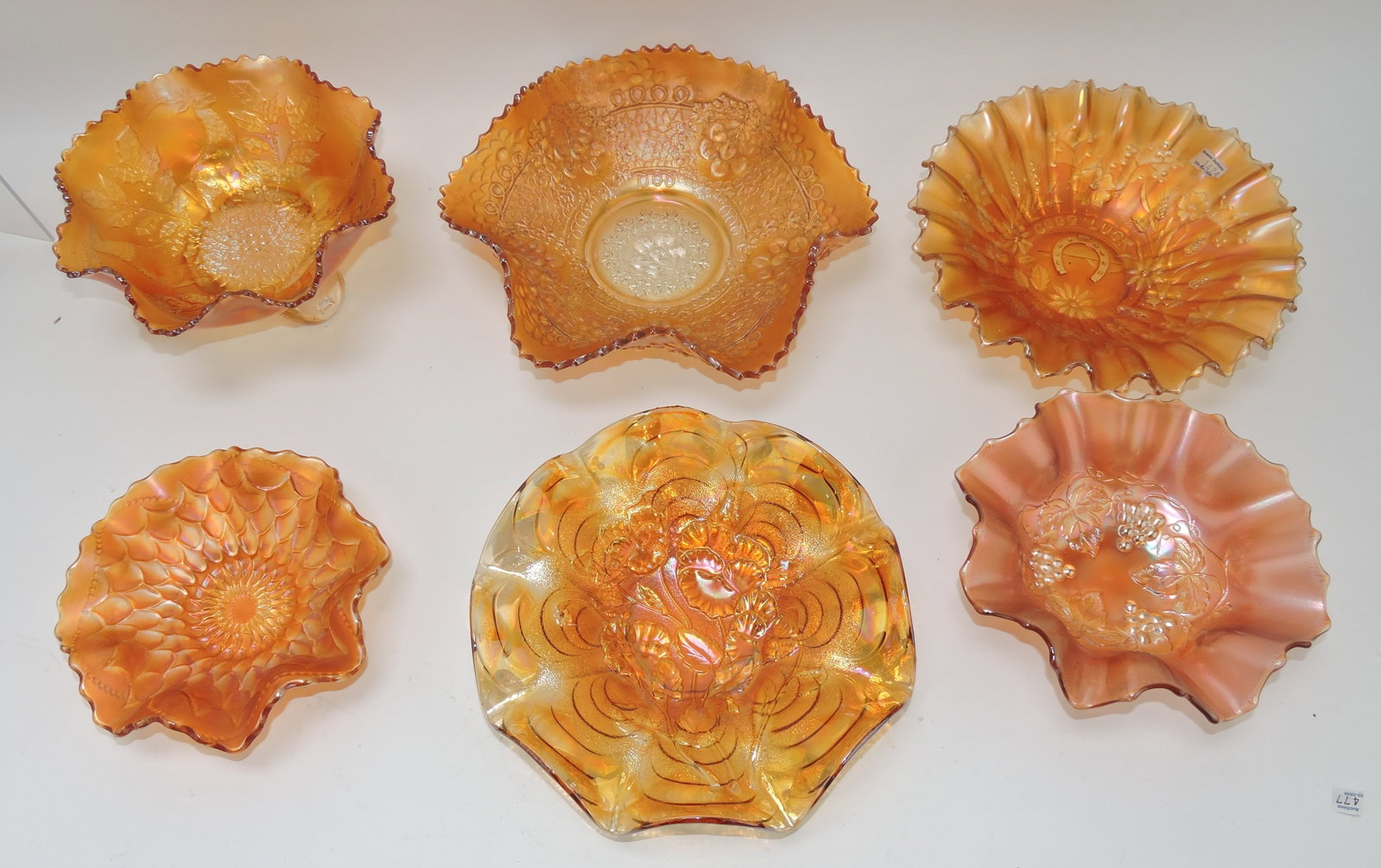 Marigold carnival glass lot of 6 bowls:: Stag & Holly, Cherry Chain/Orange Tree, Good Luck, Fish Scale, Pansy, Golden Grape