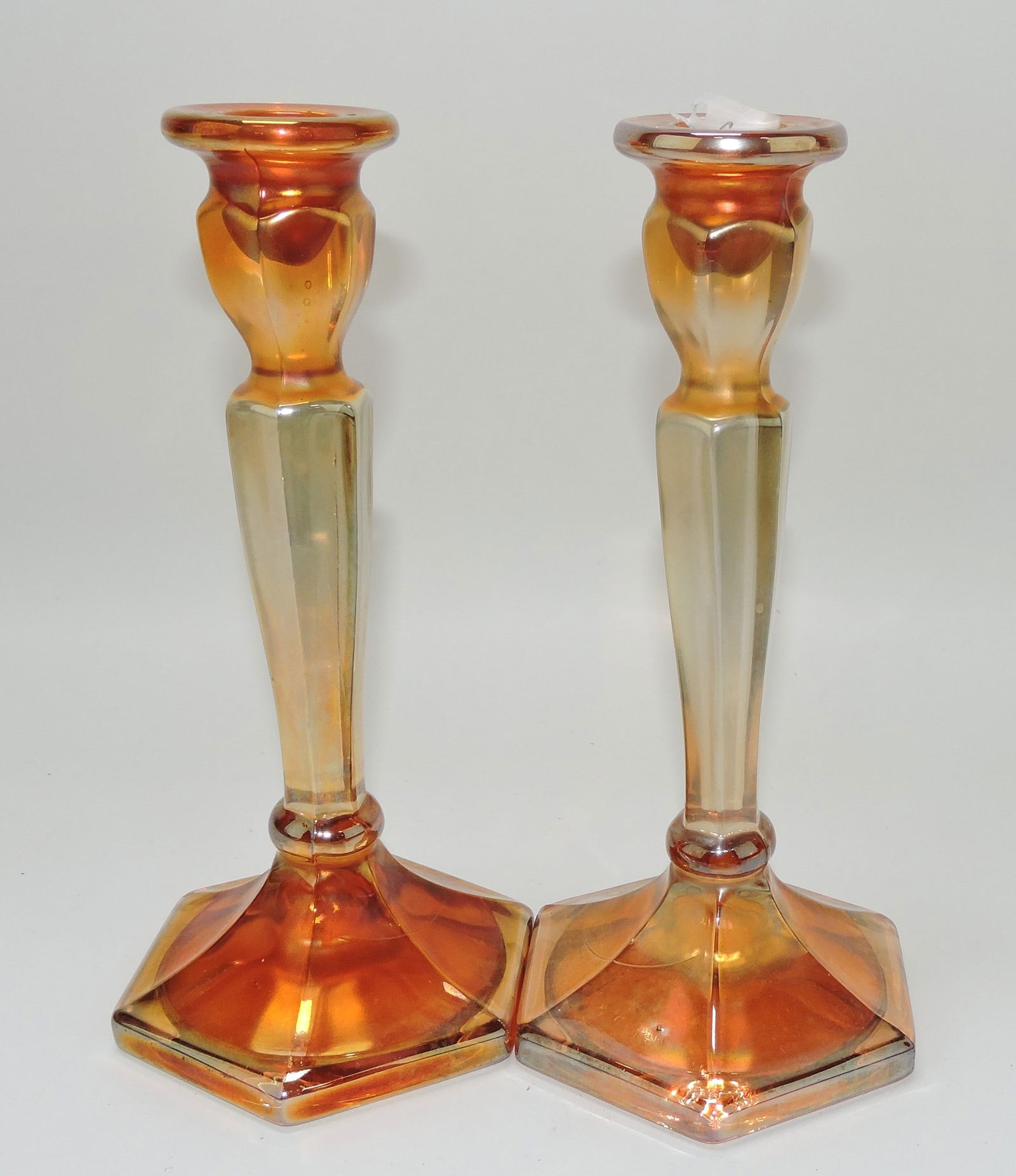 Northwood marigold carnival glass: Colonial pair of candle holders, 8 3/4"