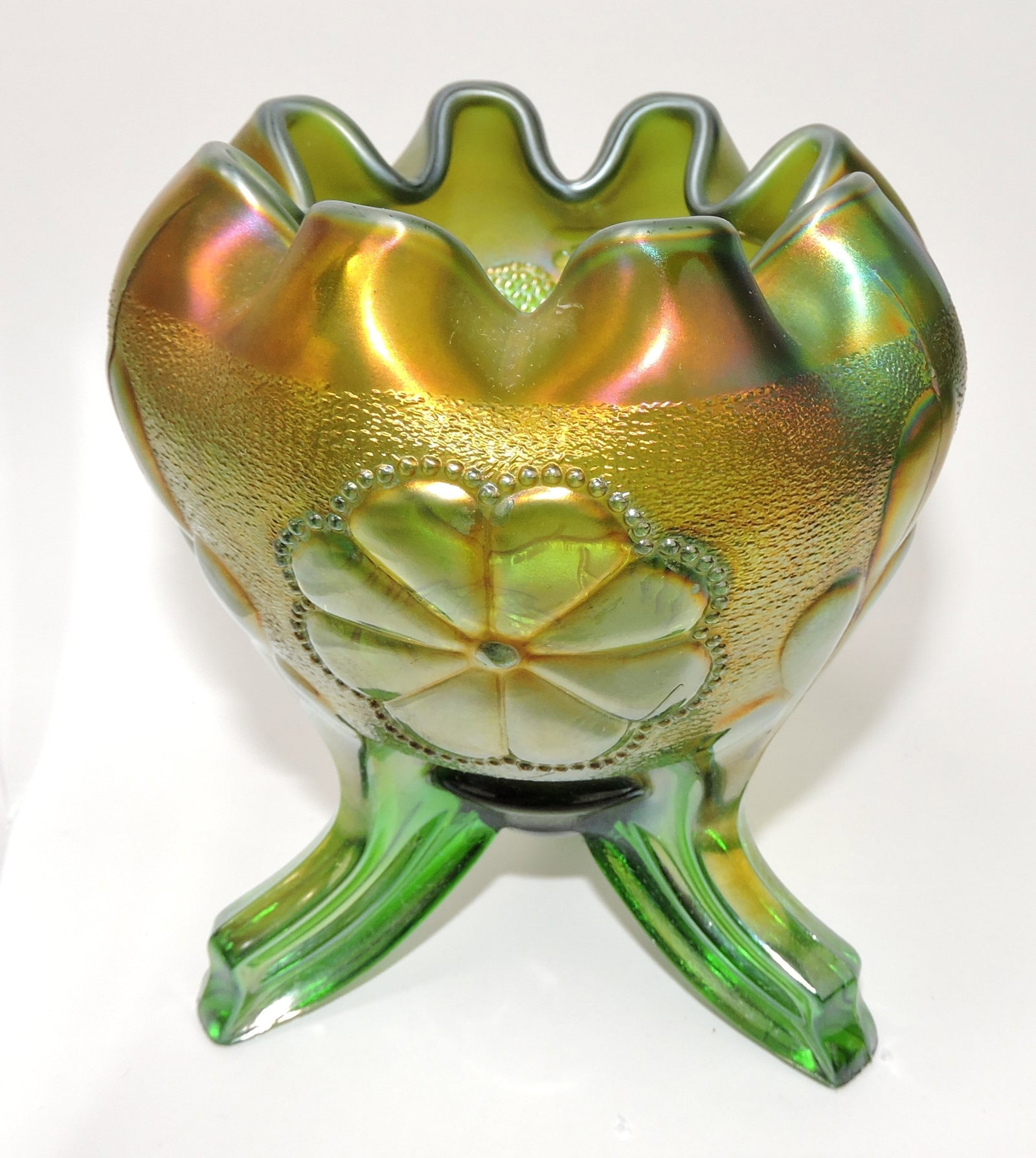 Northwood green carnival glass: Daisy & Plume footed rose bowl with berry interior
