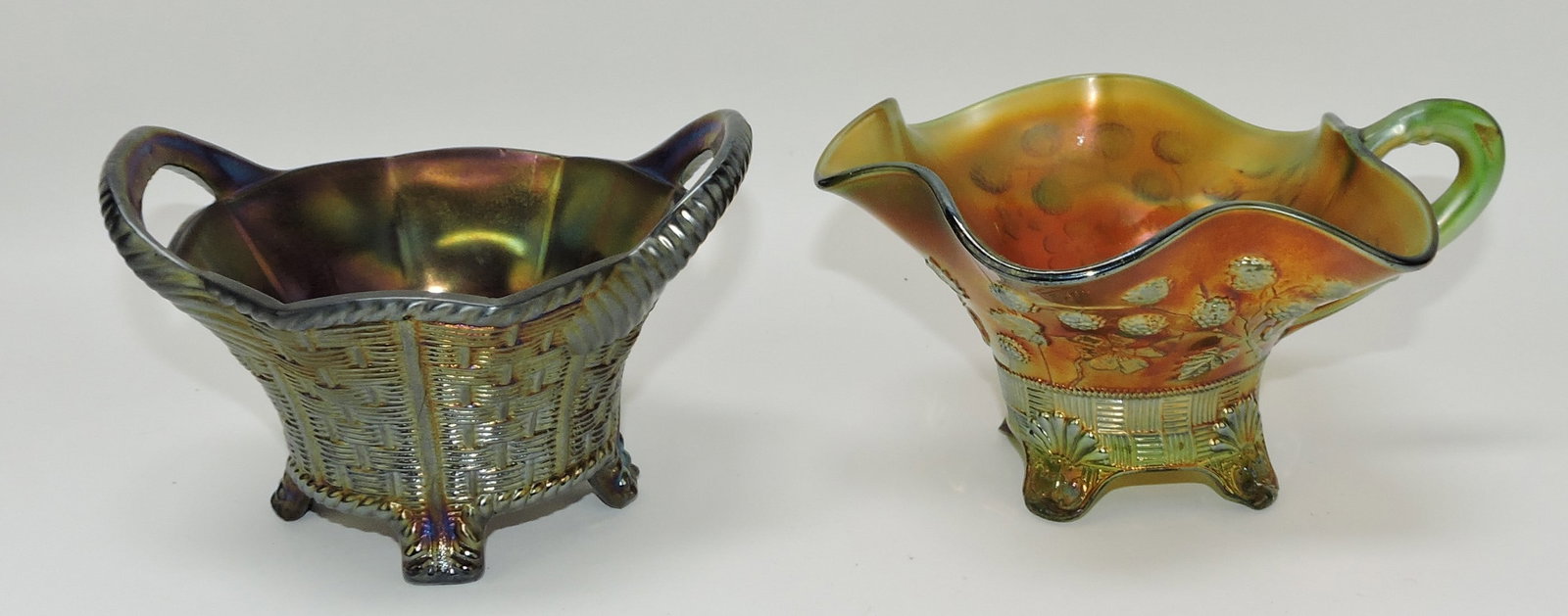 Northwood amethyst carnival glass: bushel basket AND Northwood green blackberry gravy