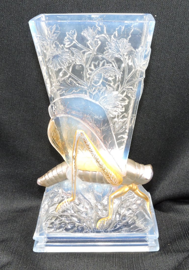 Baccarat opalescent glass grasshopper: vase with gold gilting, 8 1/2"