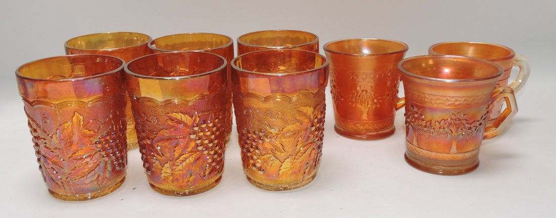 Carnival glass lot of 6 Imperial grape: tumblers and 3 Orange Tree mugs