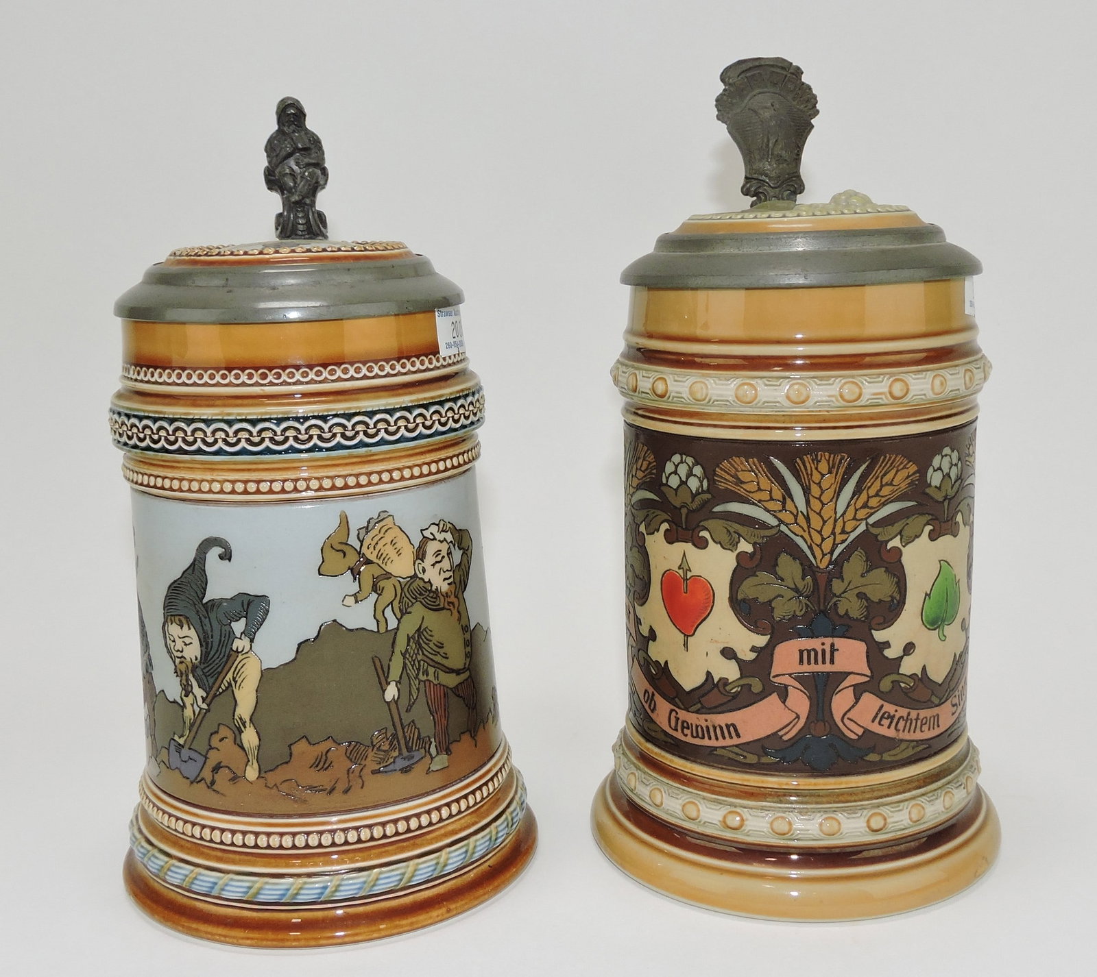 Mettlach lot of 2 steins, #1475 1/2L,: gnomes in vineyard AND #1394 1/2L, suites of cards