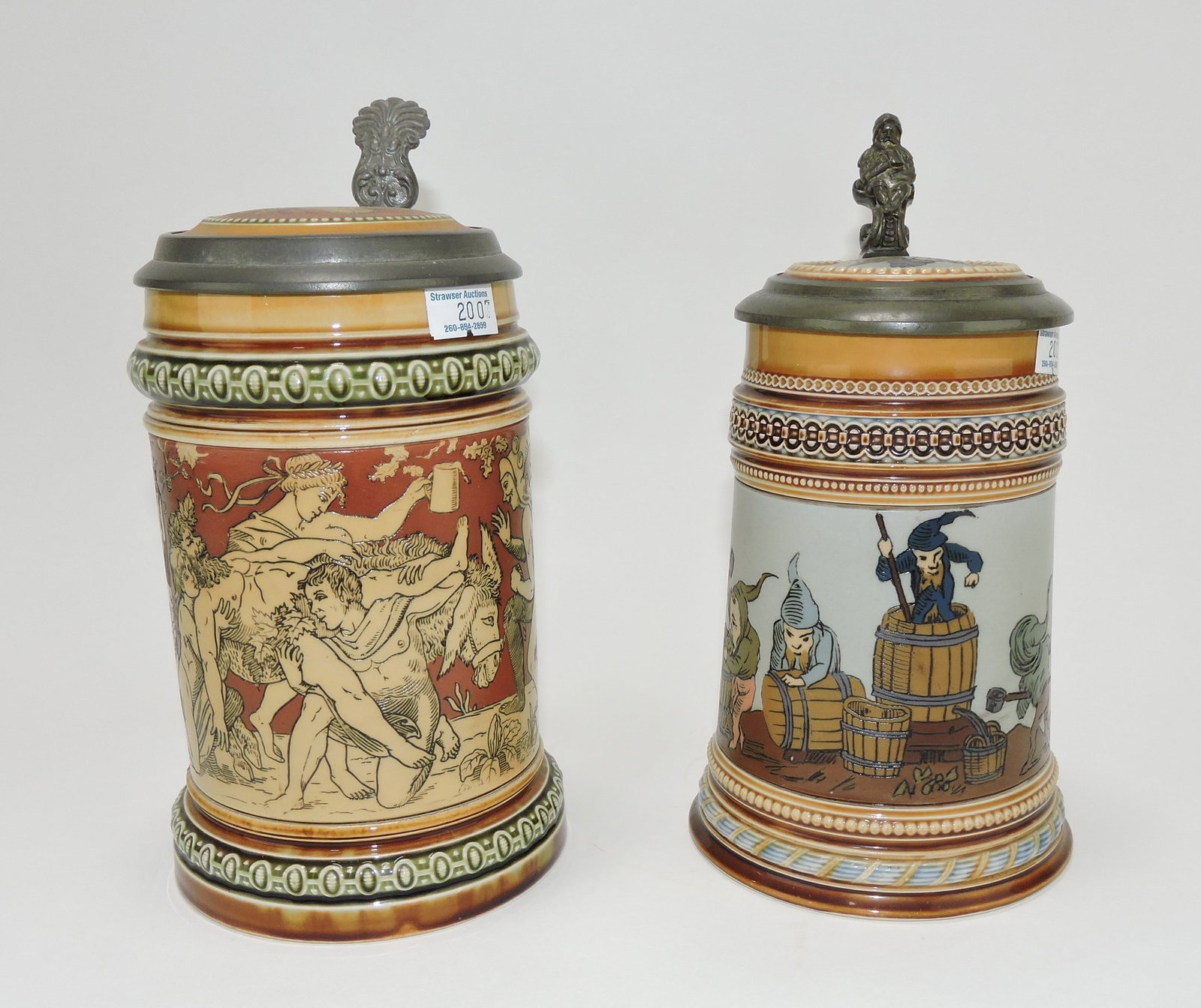 Mettlach lot of 2 steins, #2035 1/2L,: Bacchus AND #1478 1/2L, dwarfs making wine