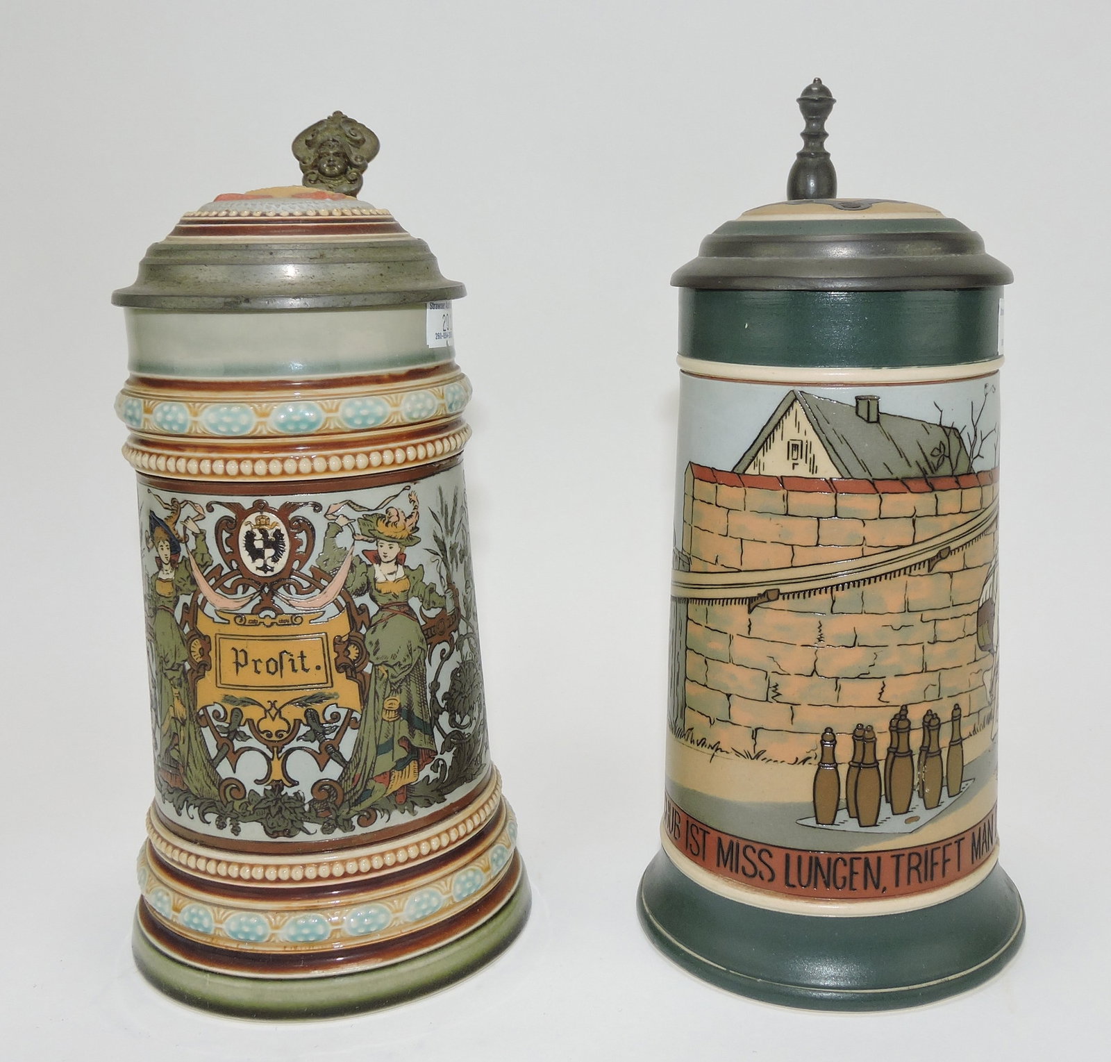 Mettlach lot of 2 steins, #1986 1/2L,: two ladies Prosit AND #2957 1/2L, bowling