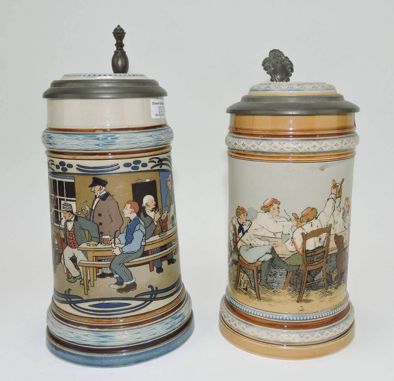 Mettlach lot of 2 steins, #2632 1/2L,: bowling AND #1146 1/2L, students drinking