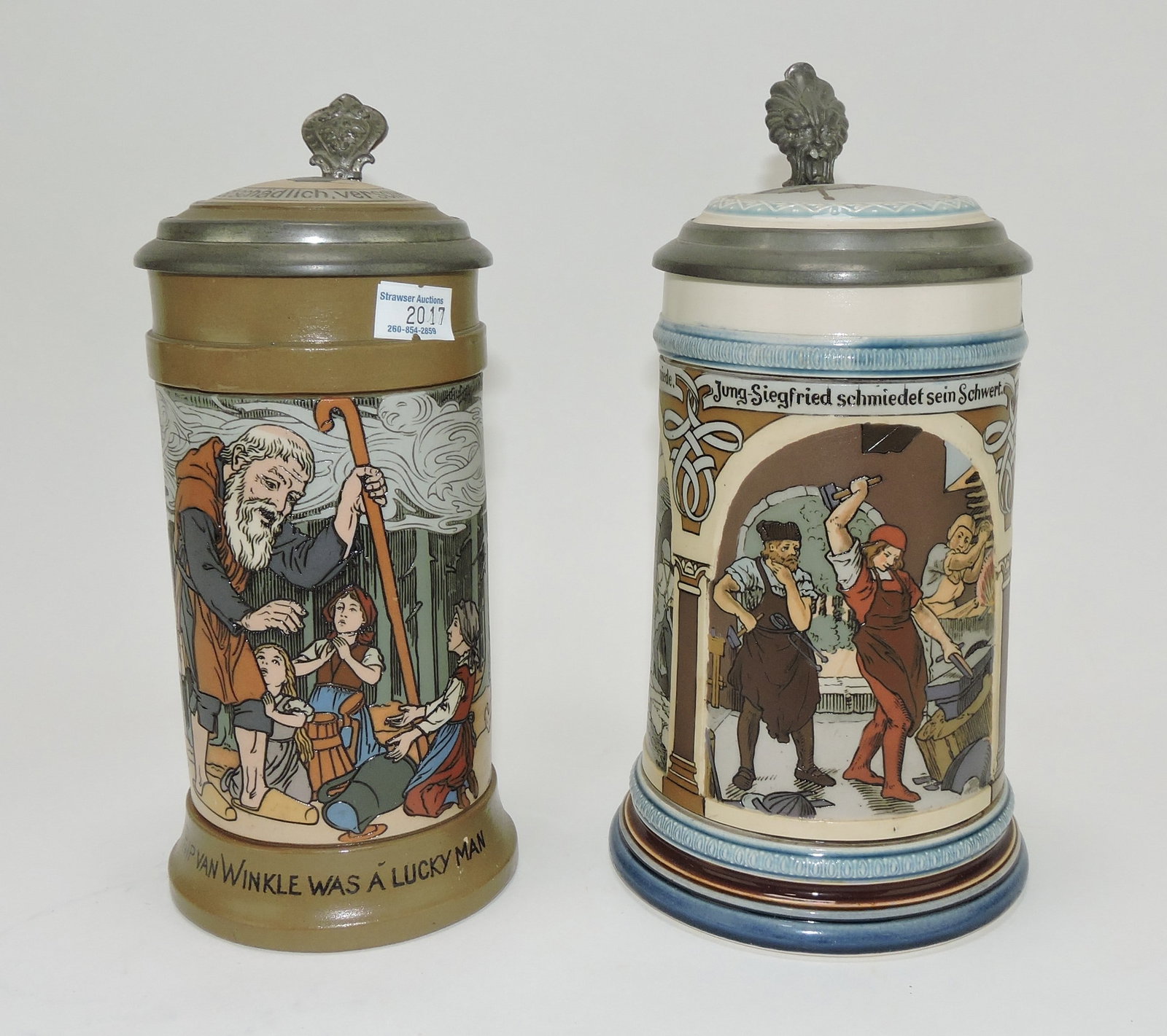 Mettlach lot of 2 steins, #2809 1/2L,: Rip Van Winkle AND #2394 Siegfried slays dragon