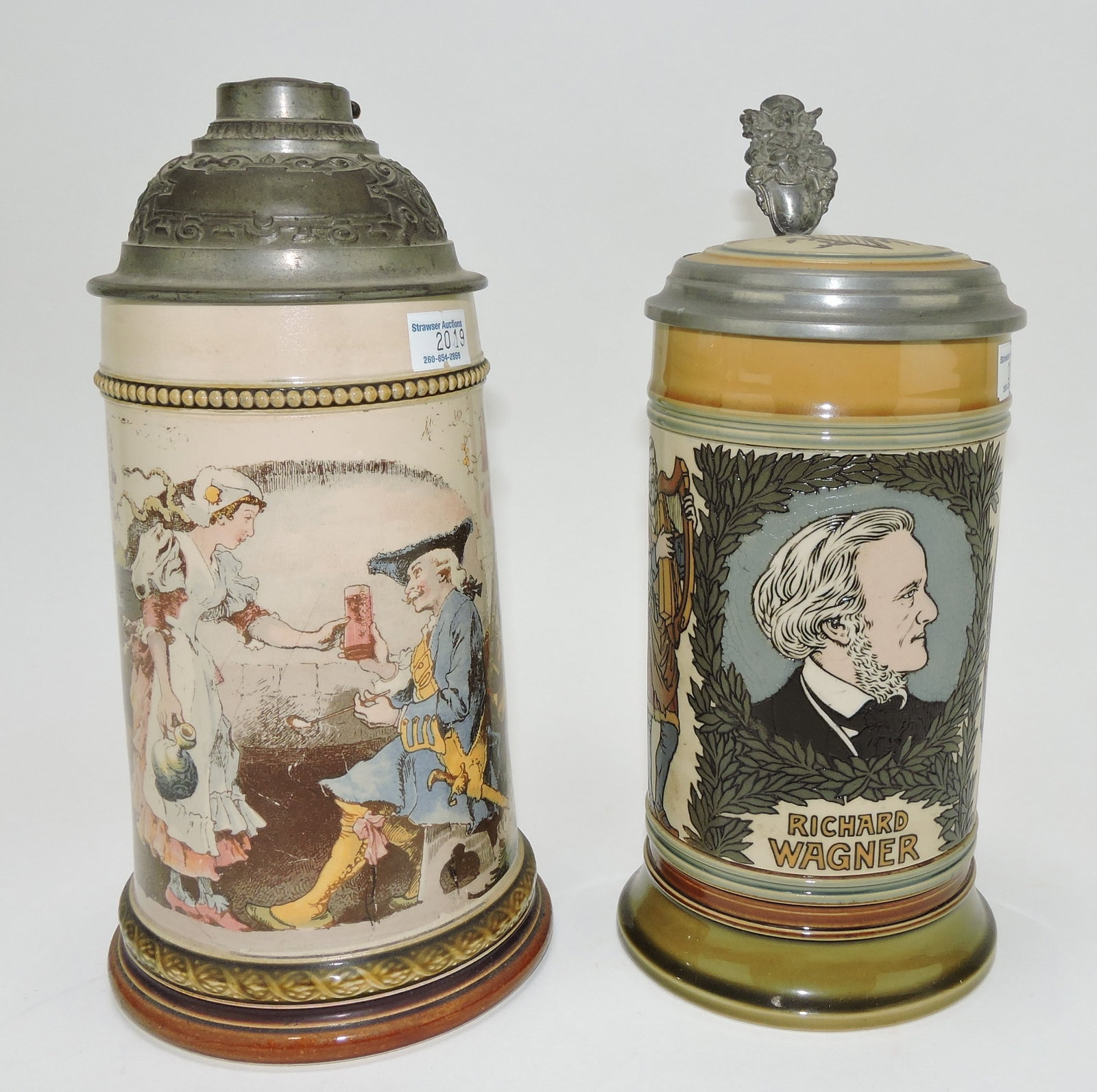Mettlach lot of 2 steins, #2271 1/2L: tavern scene AND #2798 1/2L, Richard Wagner