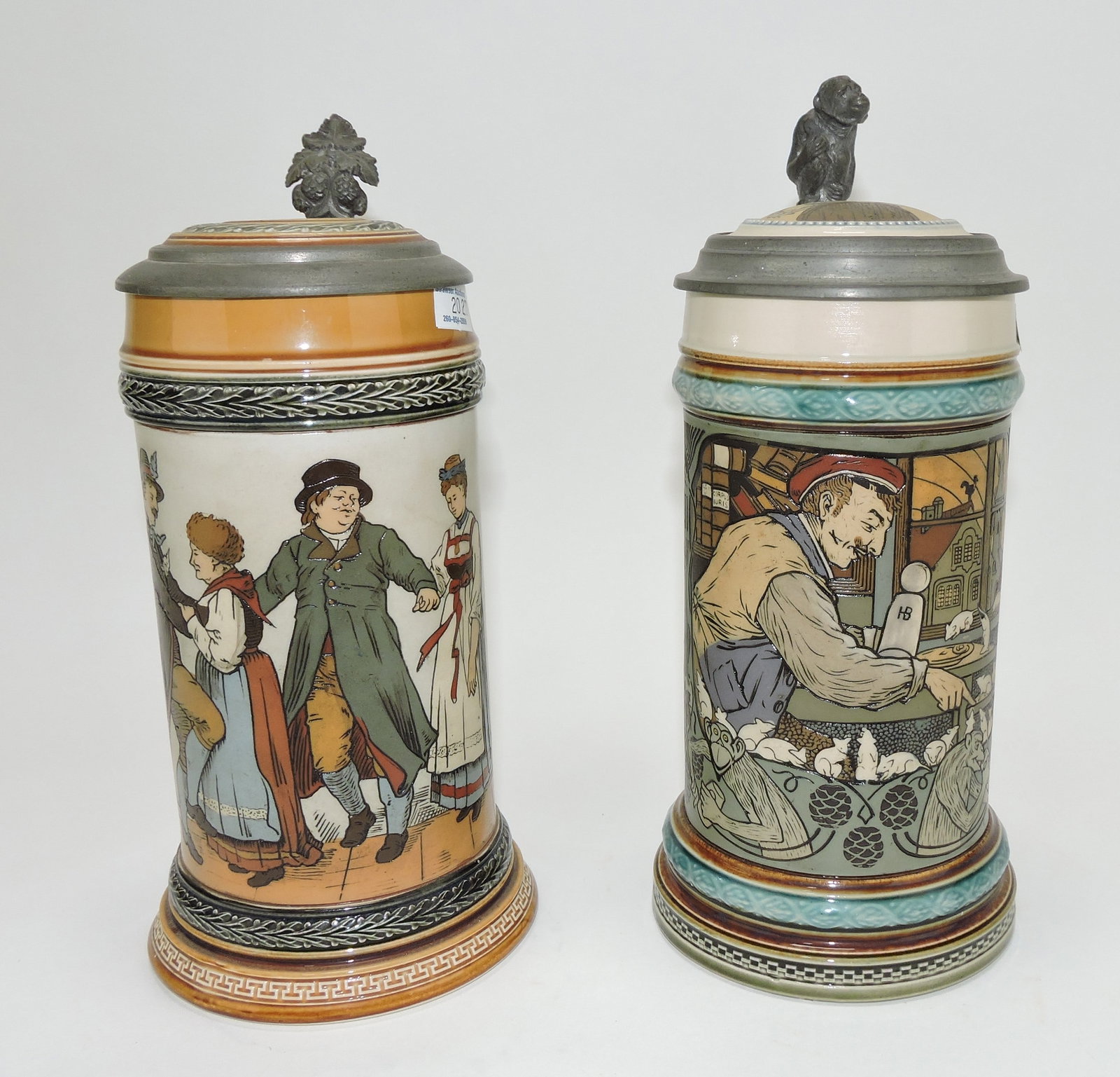 Mettlach lot of 2 steins, #1656 1/2L,: couples dancing AND #2662 1/2L, student, mice, and monkey