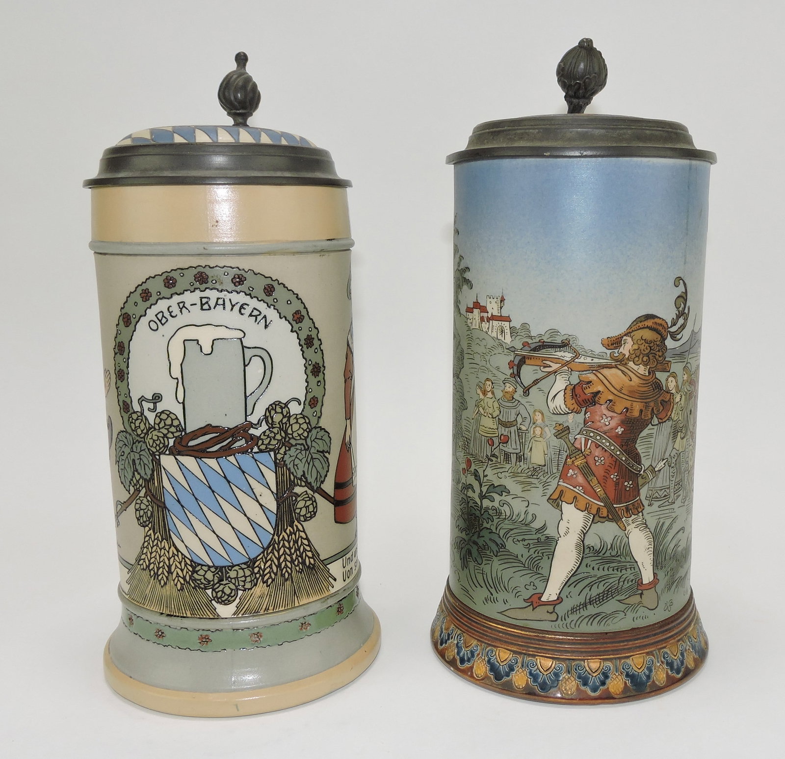 Mettlach lot of 2 steins, #3142 1L,: Bavarian shield AND #2082 1L, William Tell