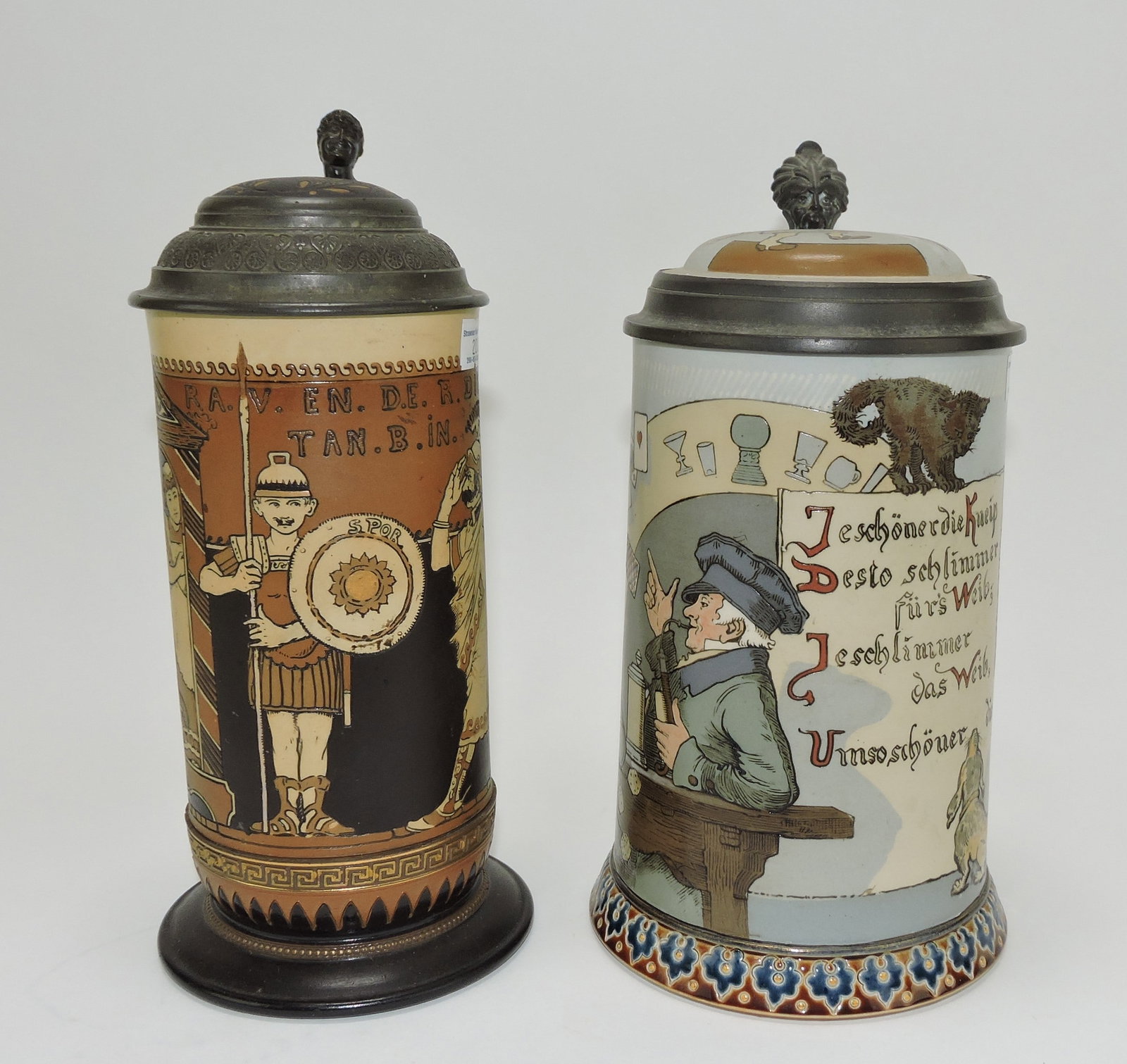 Mettlach lot of 2 steins, #2191 1/2L,: Warriors AND #2090 1L, disgusted gambler/wife (repair)