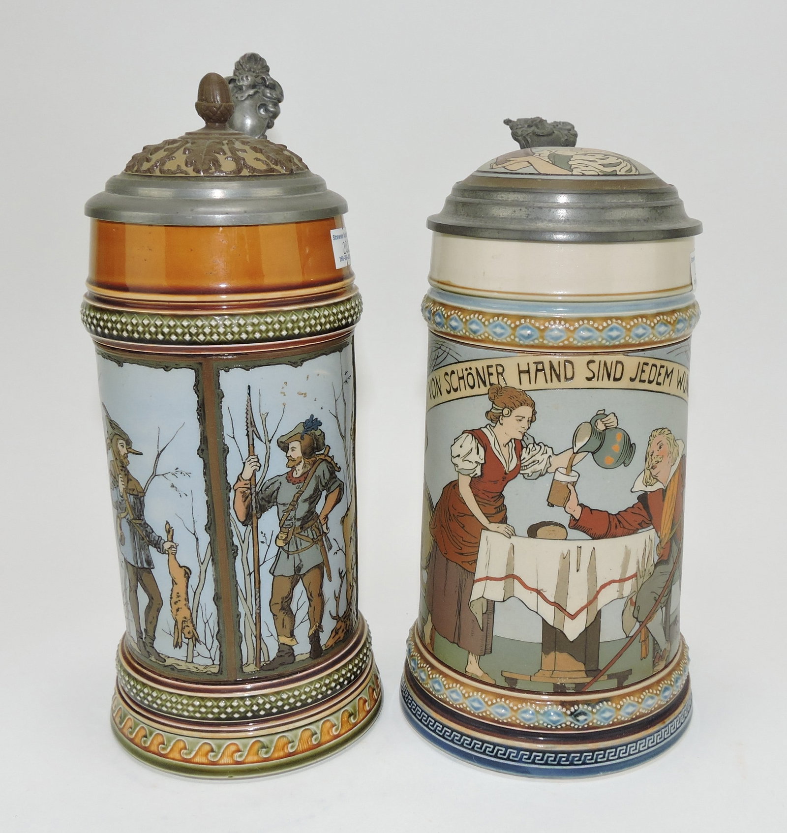 Mettlach lot of 2 steins, #1695 1/2L,: hunting scenes AND #2640 1/2L, Cavalier drinking