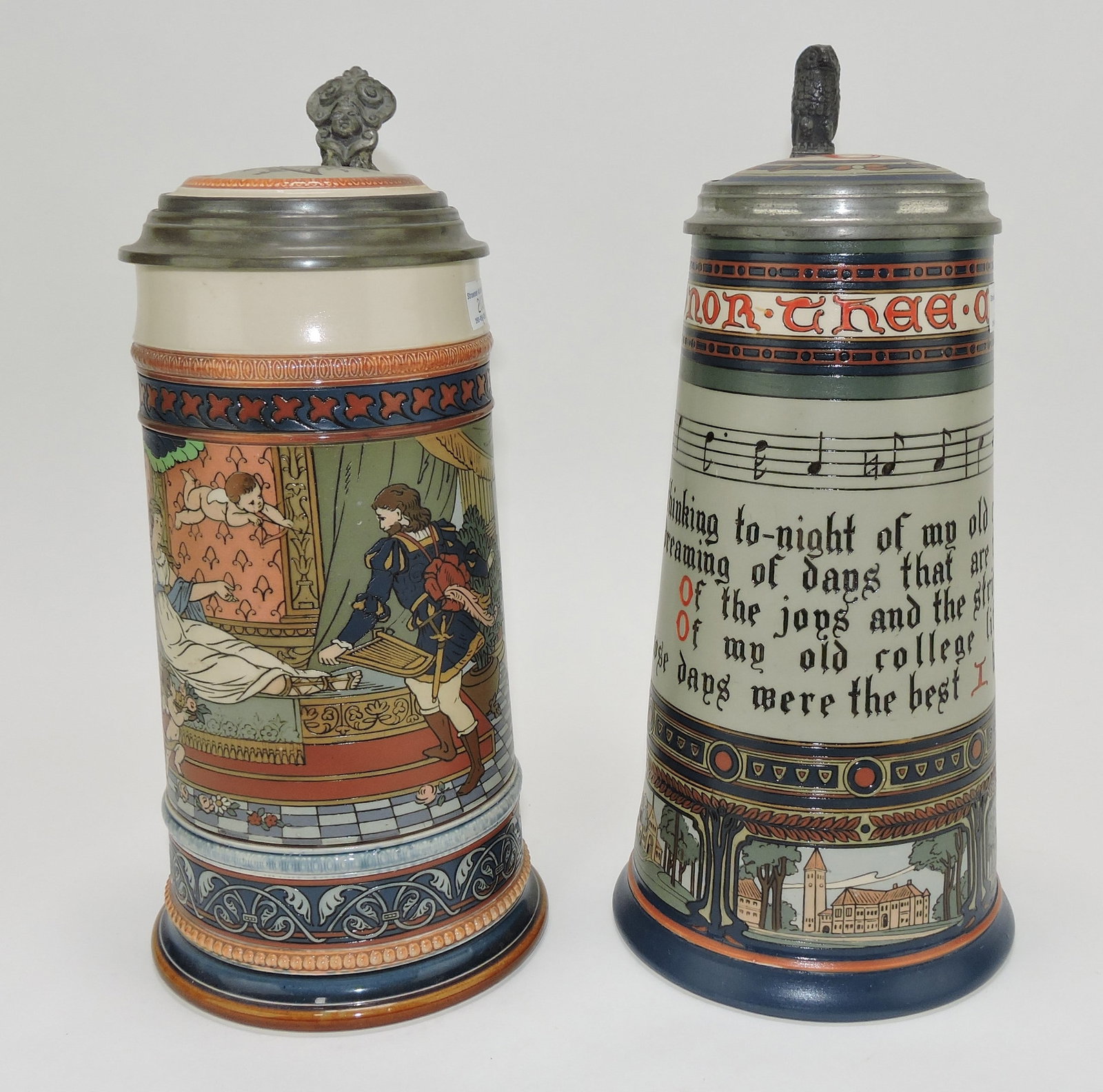 Mettlach lot of 2 steins, #2401 1L,: Tannhausen AND #2871 1L, Cornell University Music