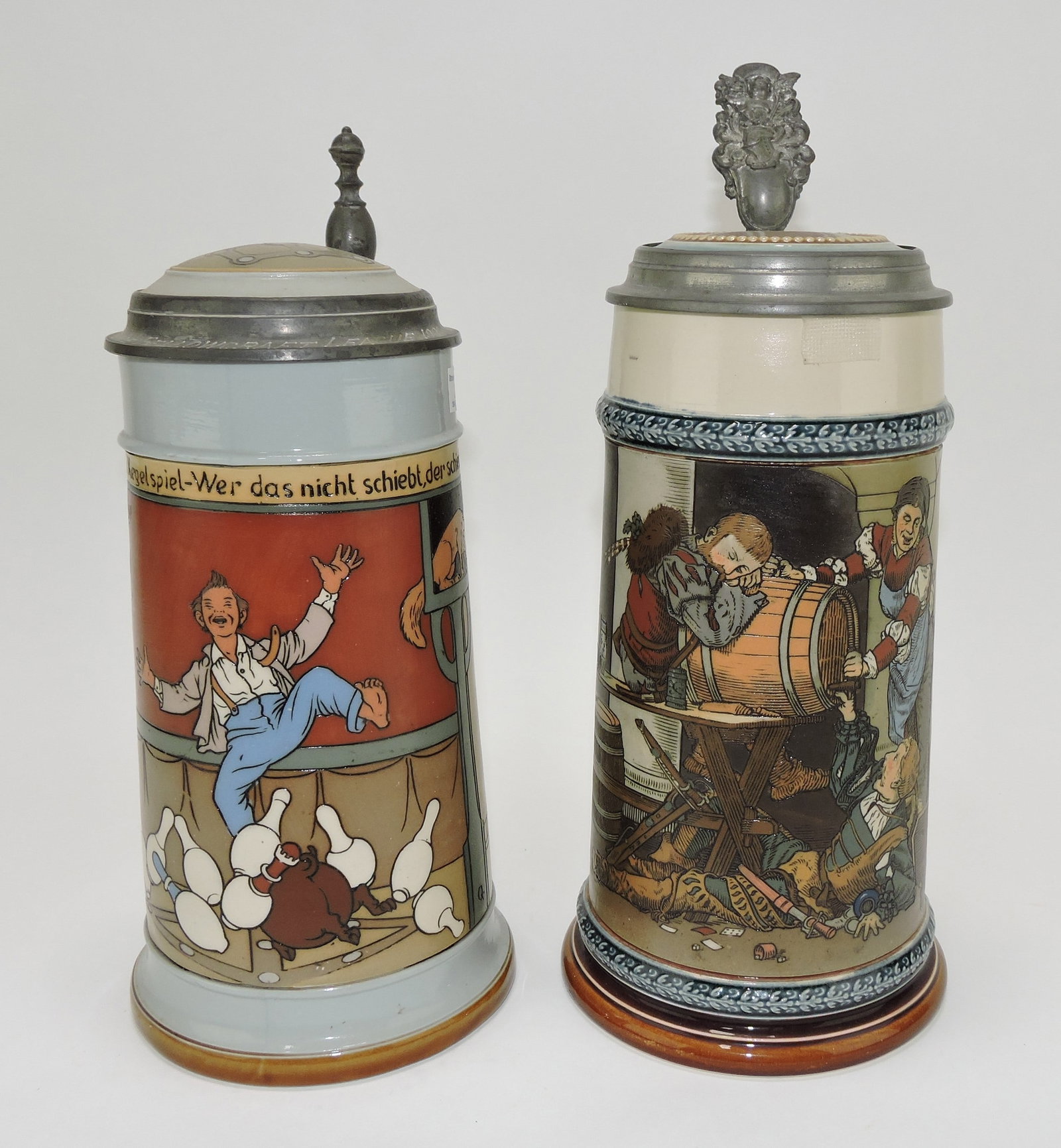 Mettlach lot of 2 steins, #2959 1L,: bowlers, AND #2500 1l, student with keg