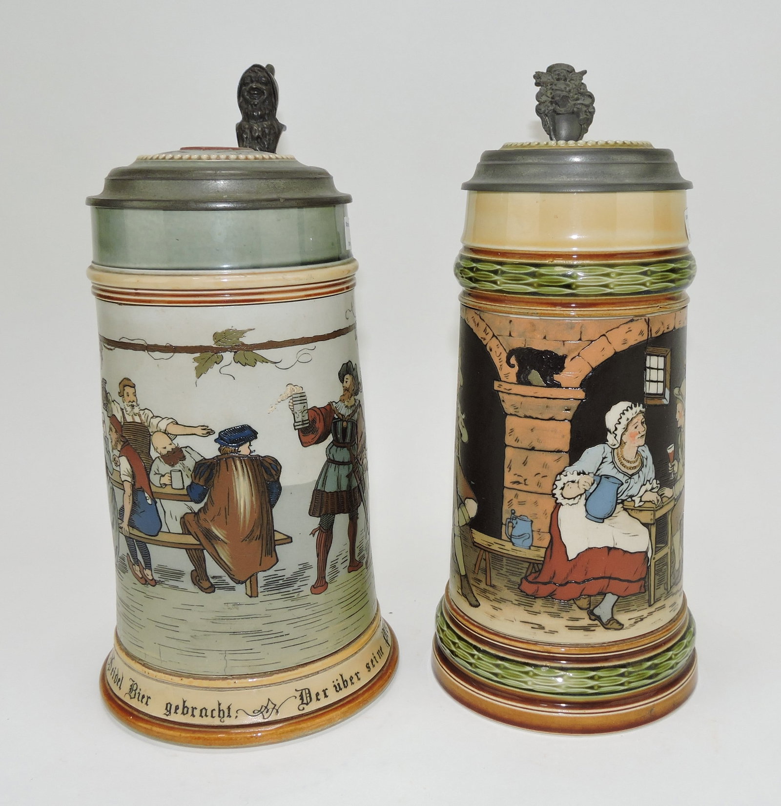Mettlach lot of 2 steins, #2028 1L,: ten men drinking AND #2807 1/2L, couple drinking