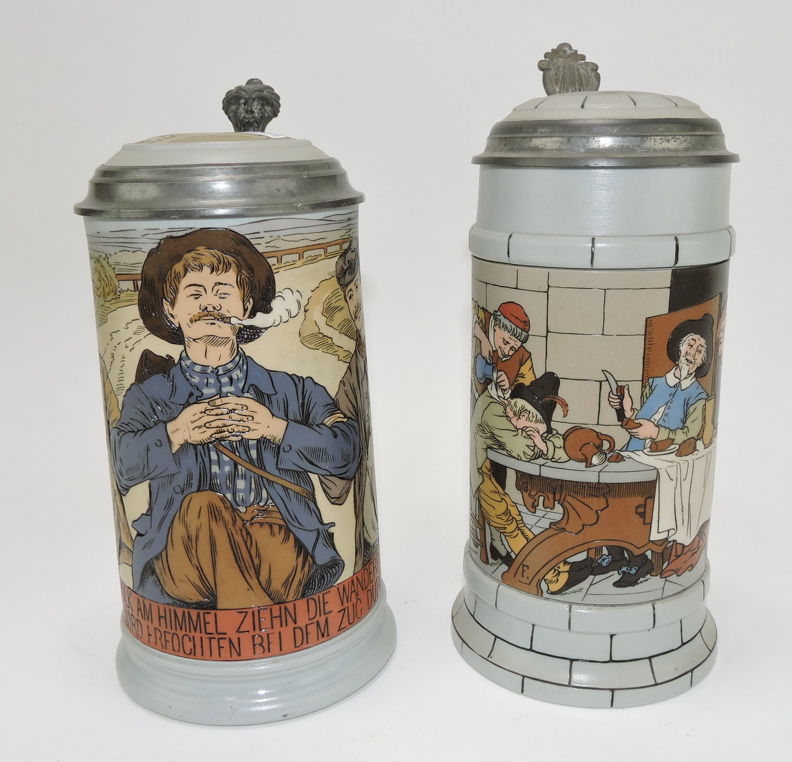 Mettlach lot of 2 steins, #2888 1L,: man smoking AND #2880 1L, group at table