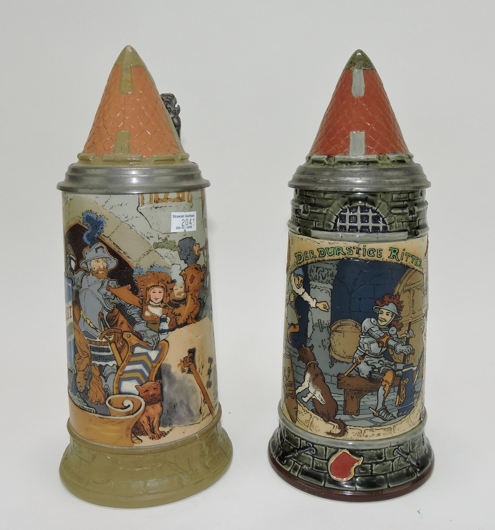 Mettlach lot of 2 steins, #2580, 1L,: 11 1/2" Prosit drinking scene AND #2382, 1L, 11 1/2", Thirsty Knight