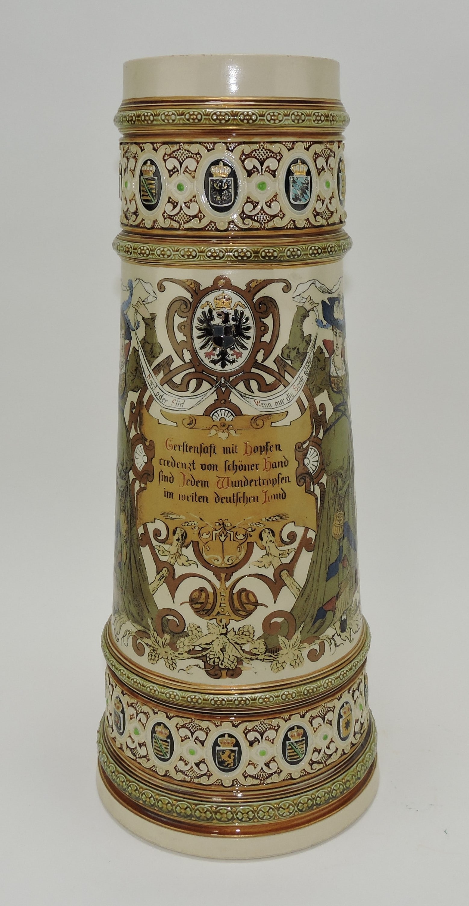 Mettlach stein #1161, 7L, 18", no lid,: 2 ladies, shield, eagle