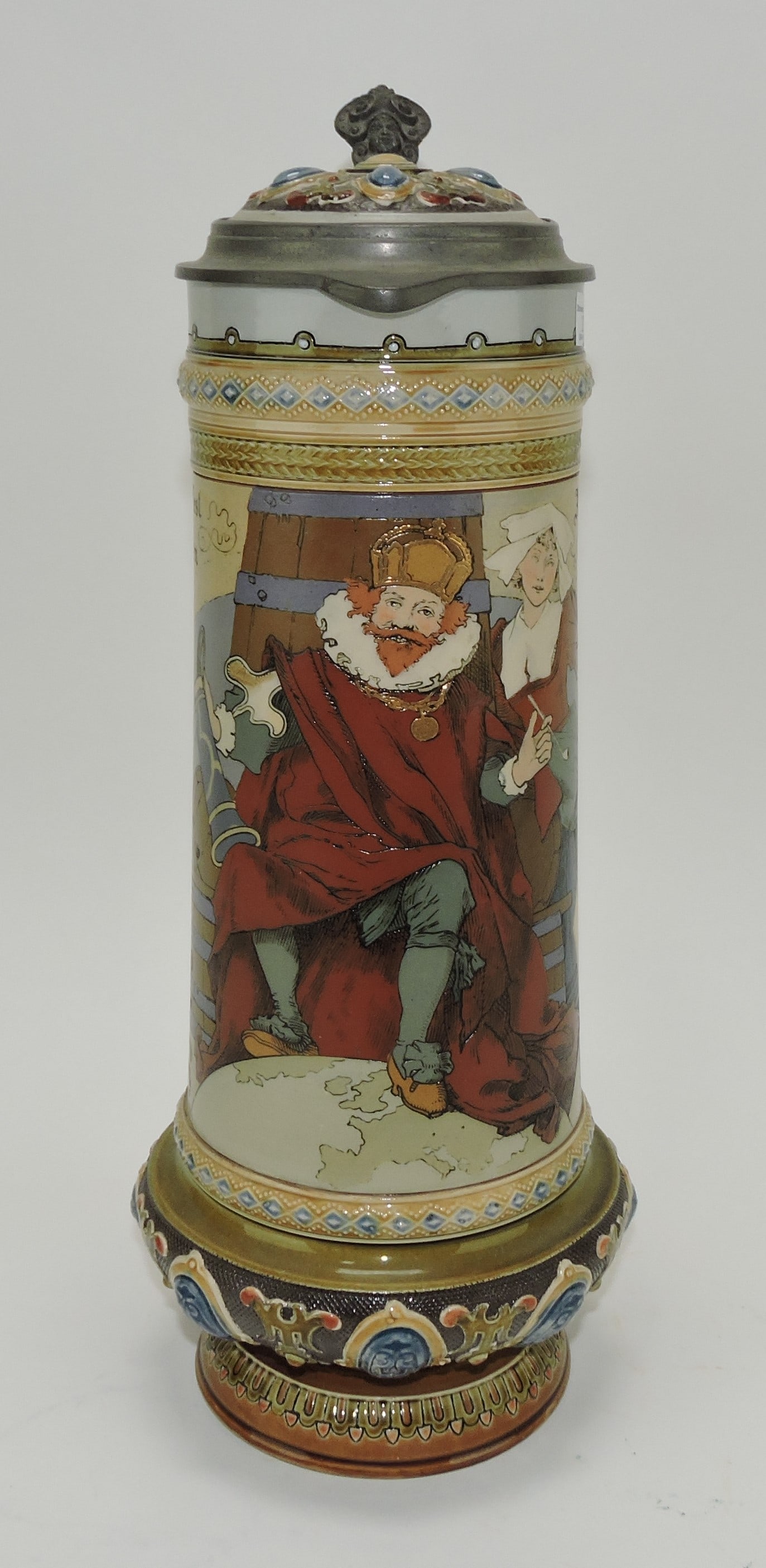 Mettlach stein #2107, 2L, 14",: jeweled, Gambrinus
