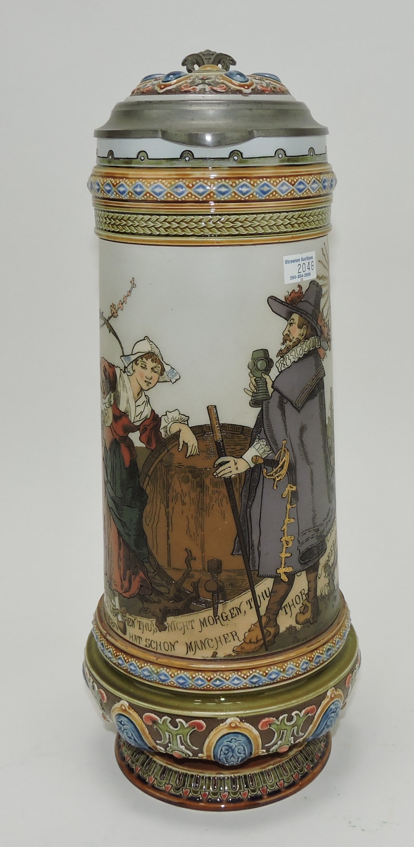 Mettlach stein #2065, 2L, 14",: jeweled, barmaid and cavalier drinking