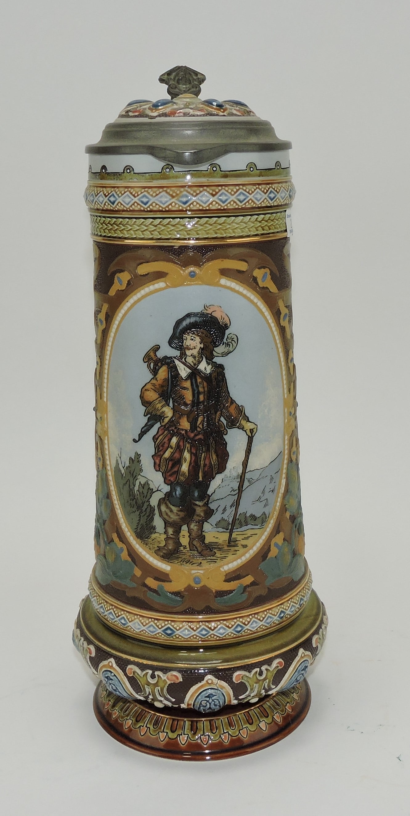 Mettlach stein #2105, 1.5L, jeweled,: 12", Trumpeter of Sackingen