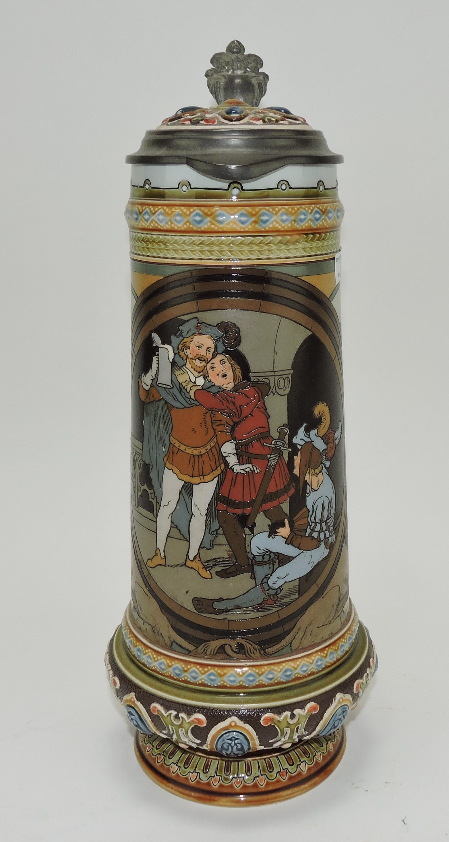 Mettlach stein #2690, 1.5L. 12", jeweled,: men drinking and singing