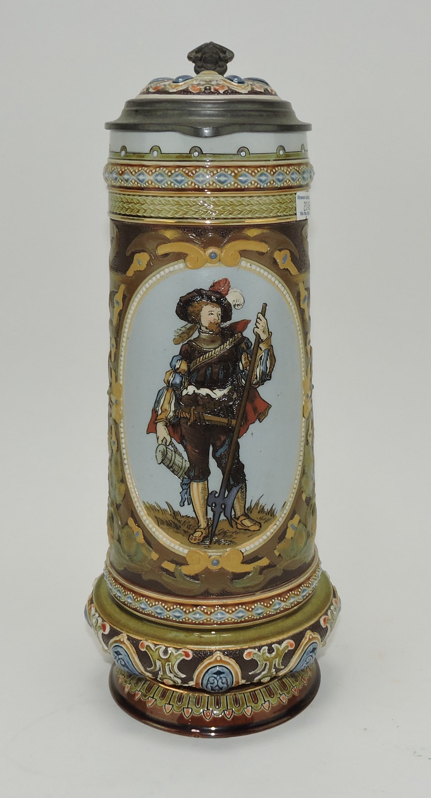 Mettlach stein #2104, 1.5L, 12",: jeweled, Trumpeter of Sackingen