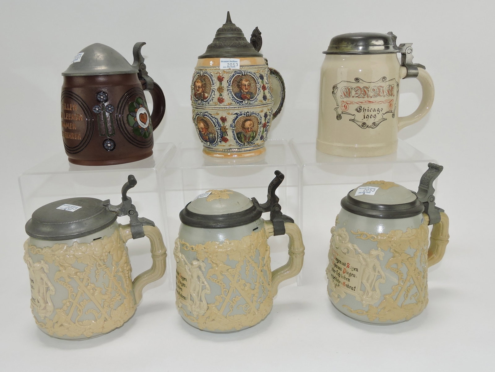 Lot of 6 steins, 5", various condition: .