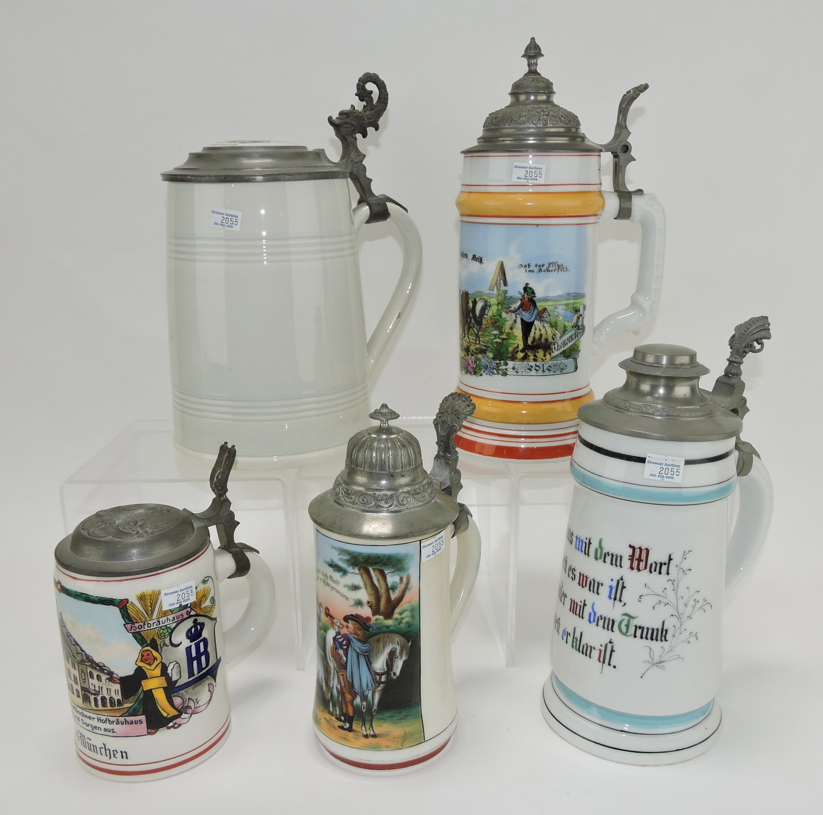 Lot of 5 German porcelain steins,: 6 to 10", various condition