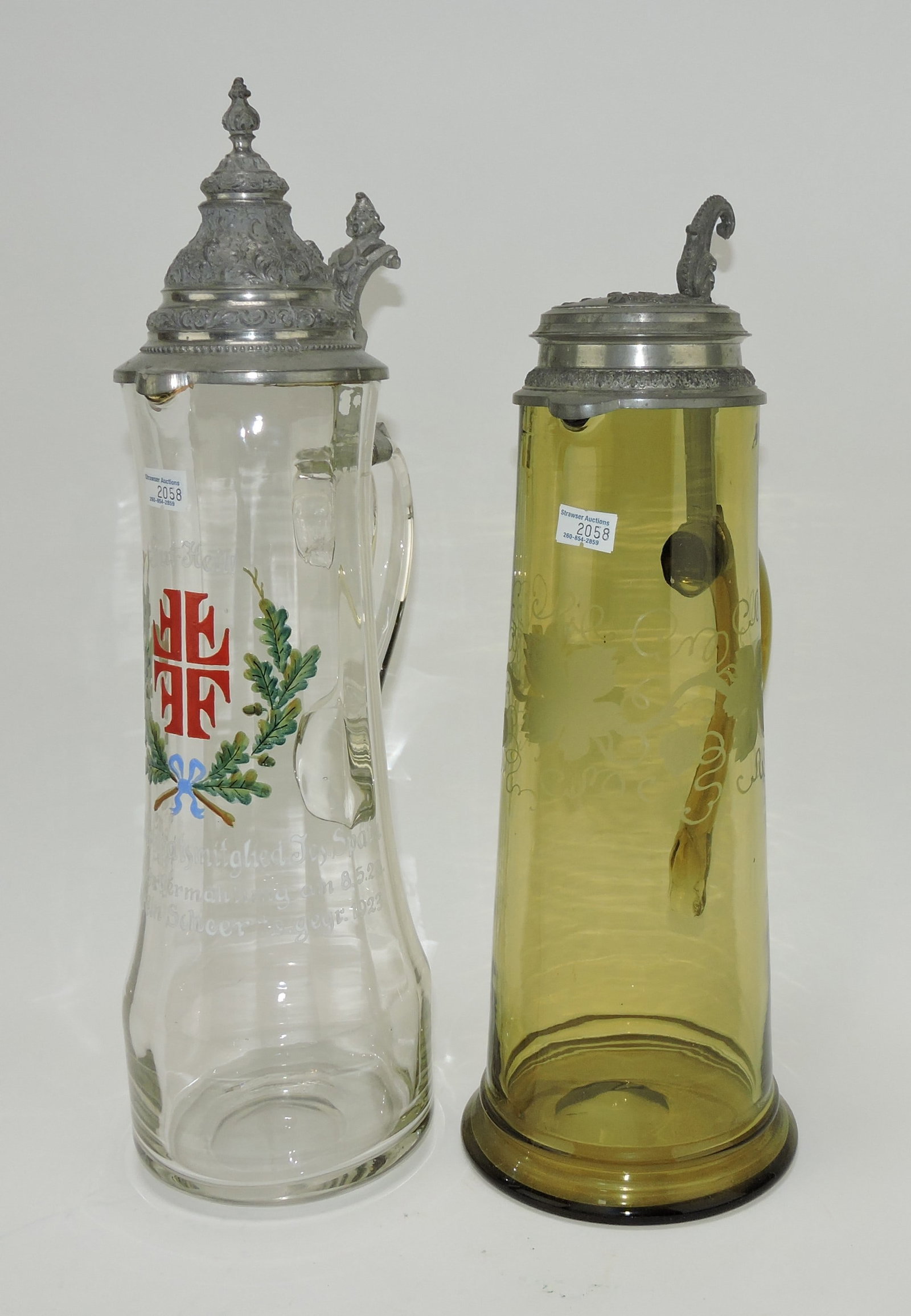 Lot of 2 glass steins, 13" & 14": .