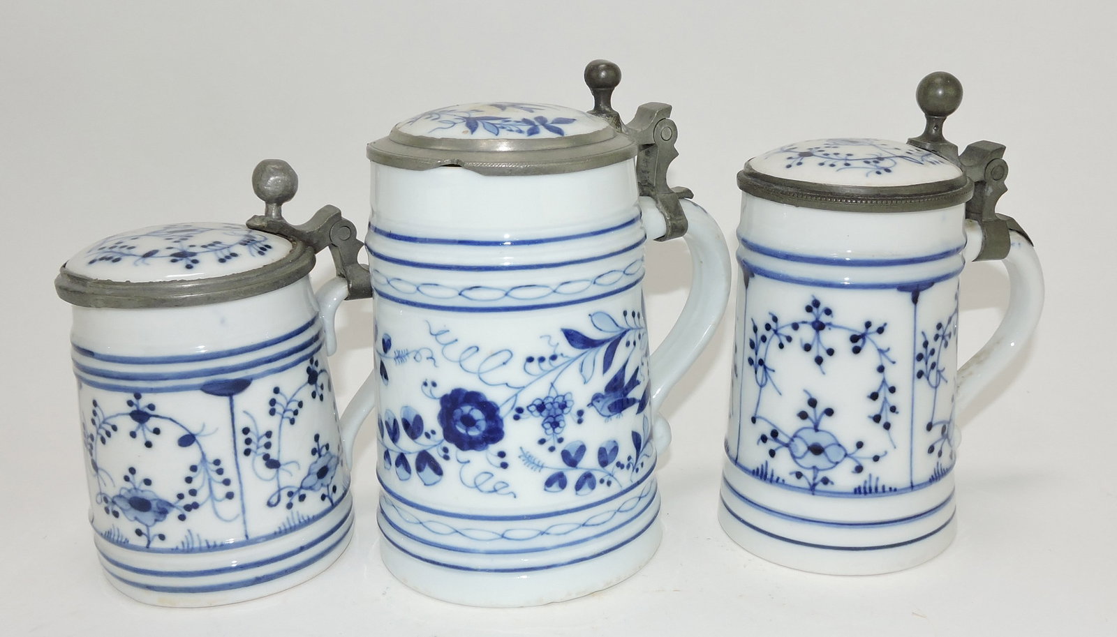 Lot of 3 blue & white steins, various: condition, 4 1/2 to 6"