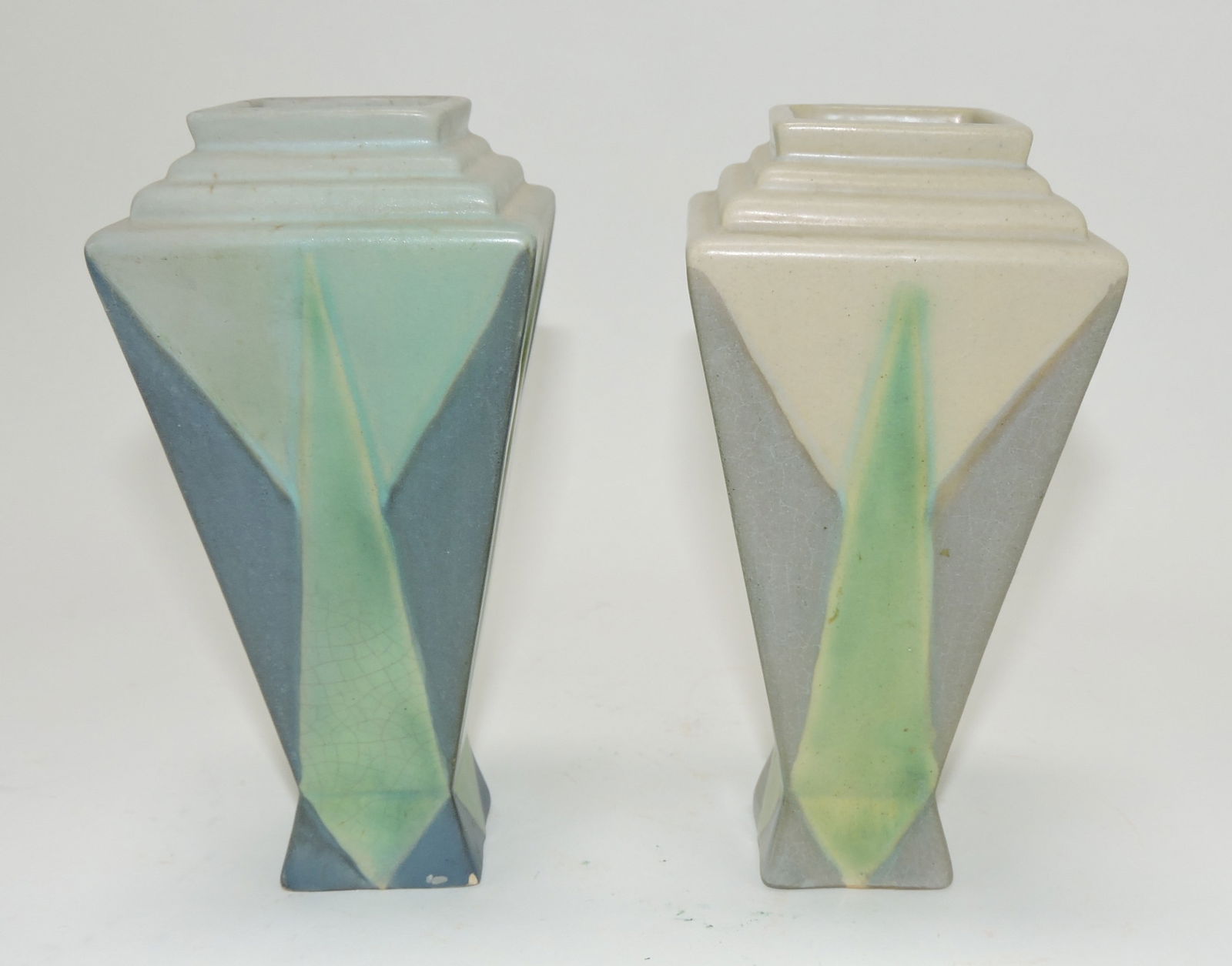 Roseville Futura lot of 2 vases, 380-6,: nick to base corner of one