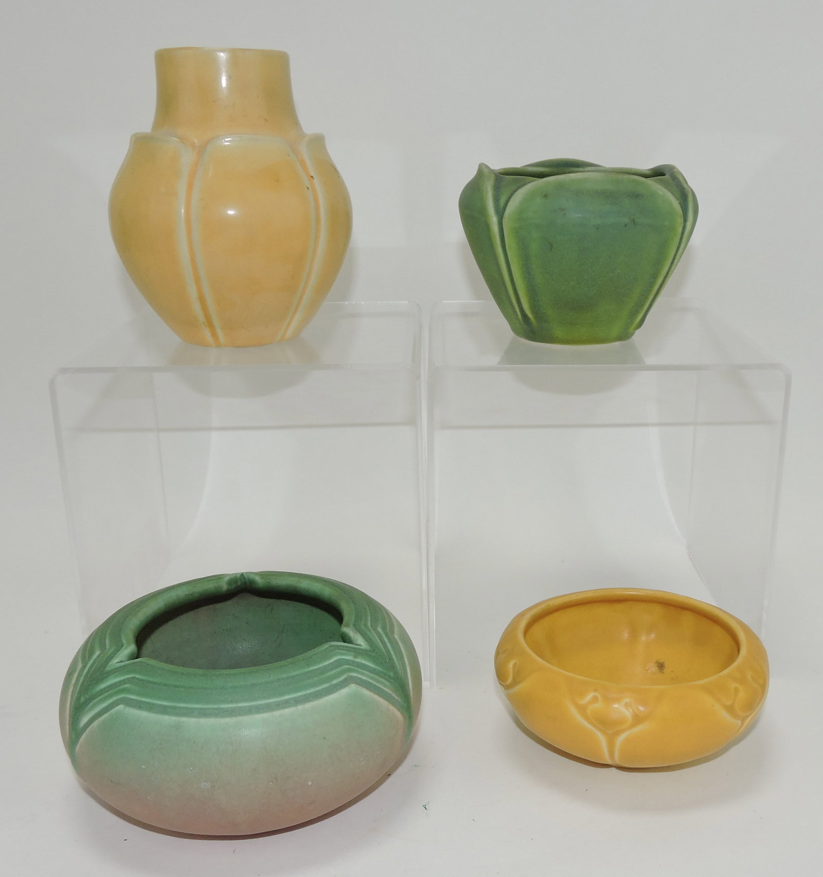 Rookwood lot of 4 pieces: yellow 5" vase,: green 3" flower pot #1029, 1909; green/pink bowl #214c, 1907; yellow bowl #2098, 1930
