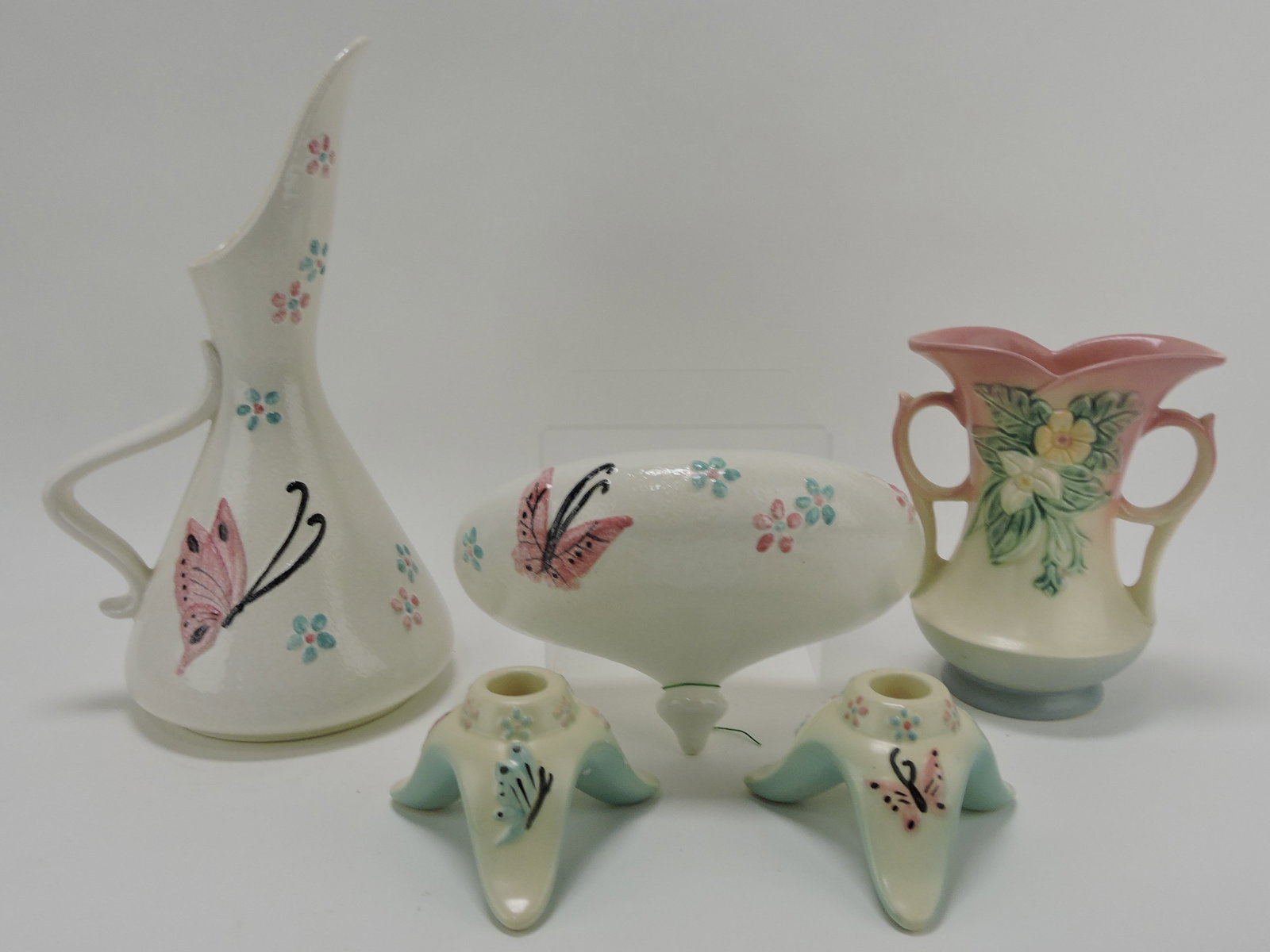 Hull Pottery lot of 4 pieces" 13" butterfly: ewer, candle holders, wall pocket, wildflower 7 1/2" vase