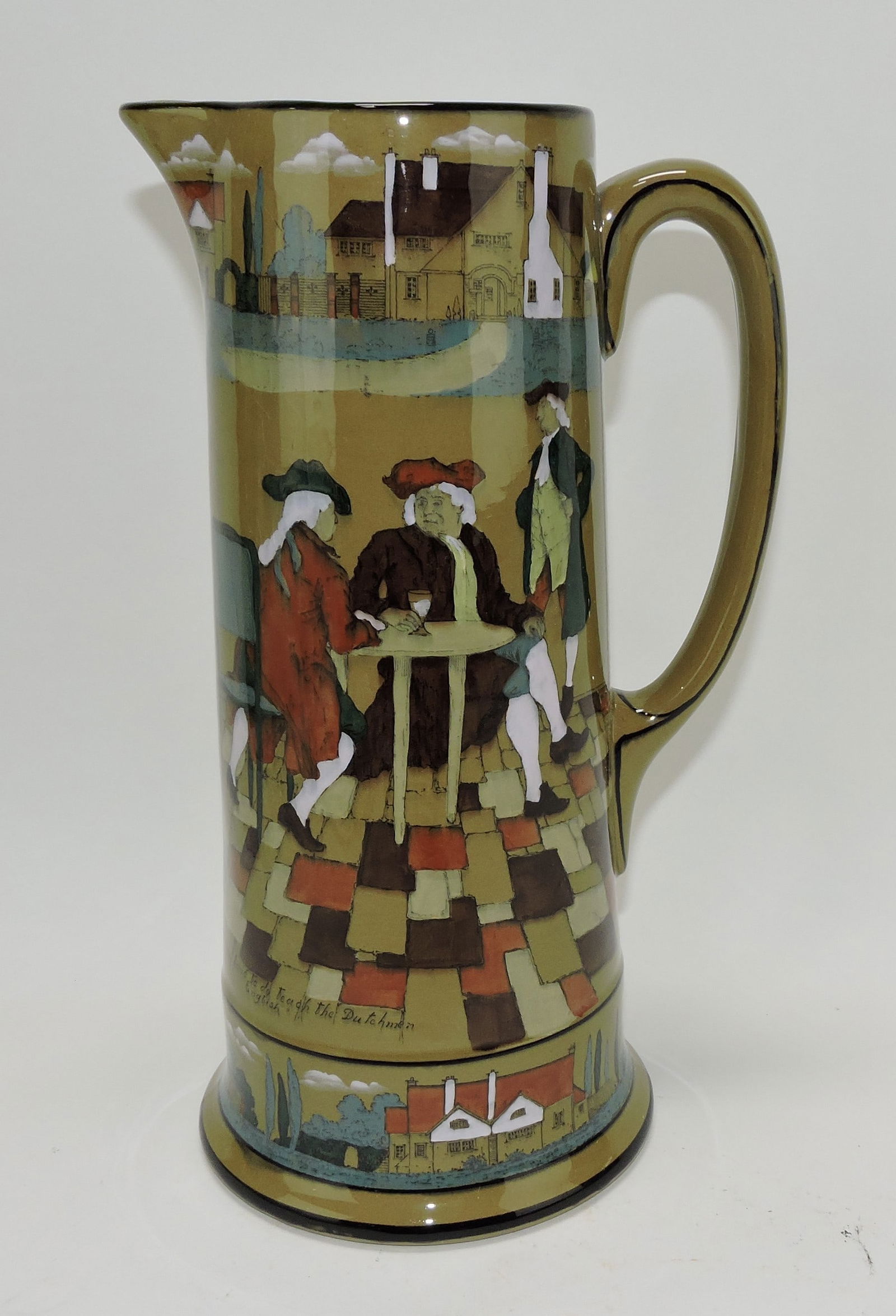 Buffalo Pottery Deldare Ware 12" tankard: pitcher, Teach the Dutchman English/The Great Controversy