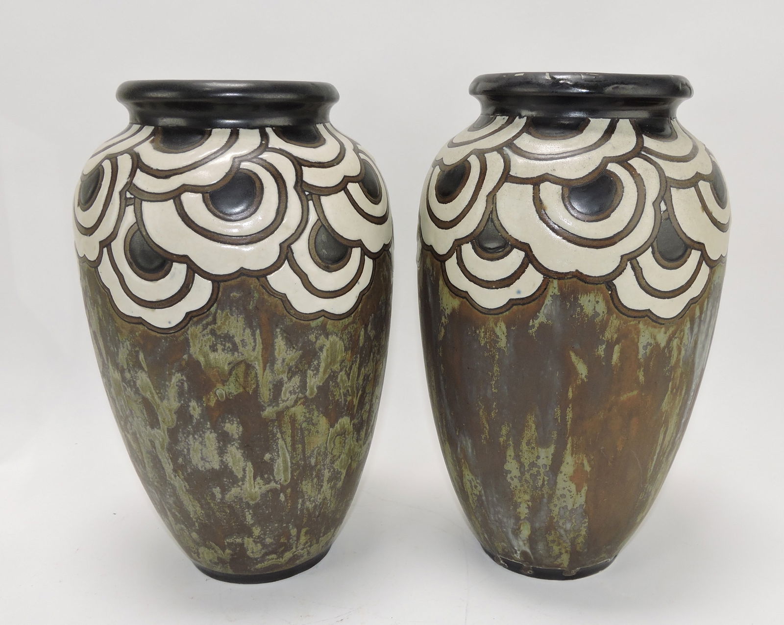 Boch Freres Keramis pair of stoneware: vases, D863A, 12 1/2", nick to underside of base rim to one