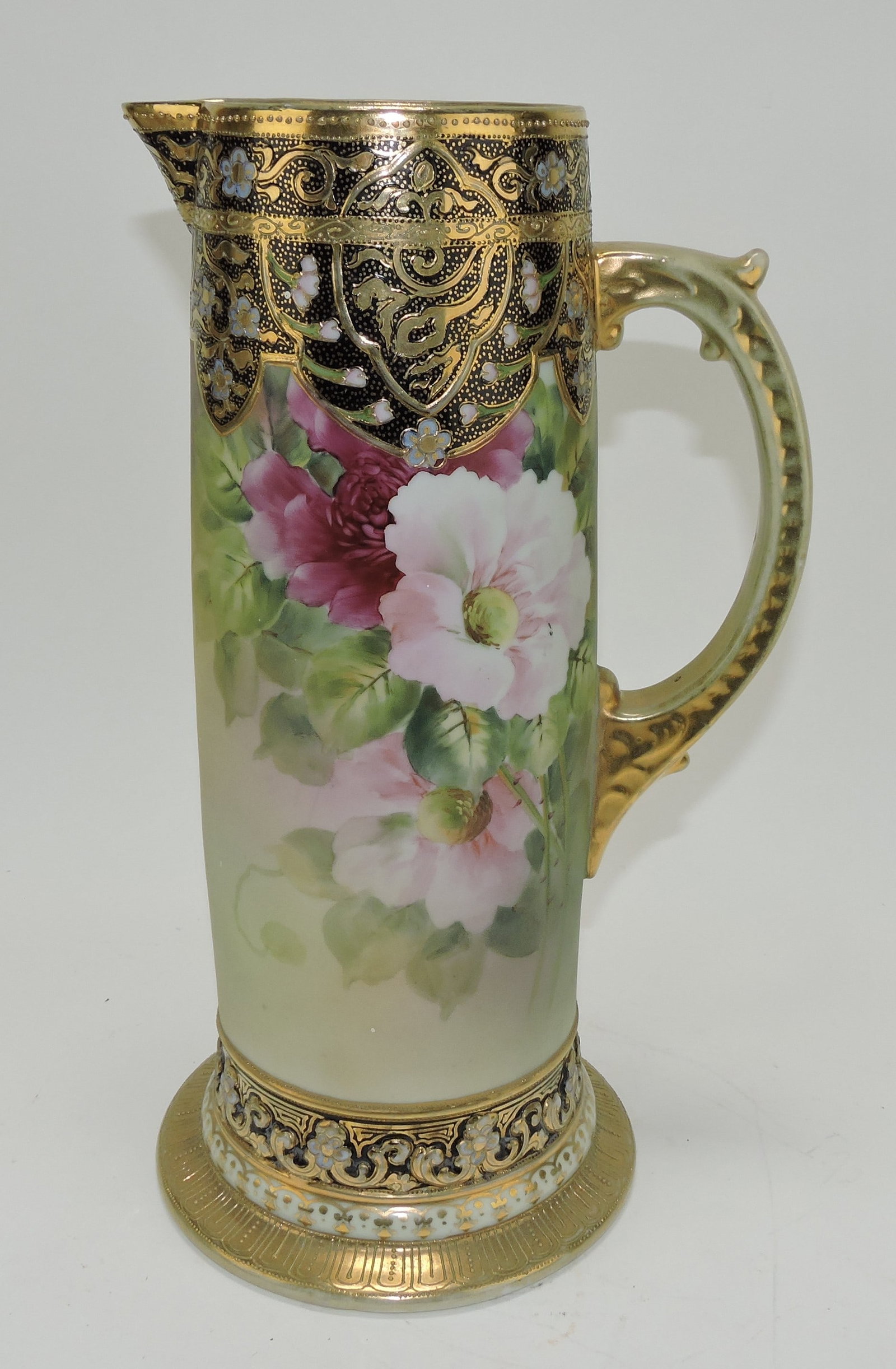 Nippon large tankard with flowers and: gold, 14", unmarked