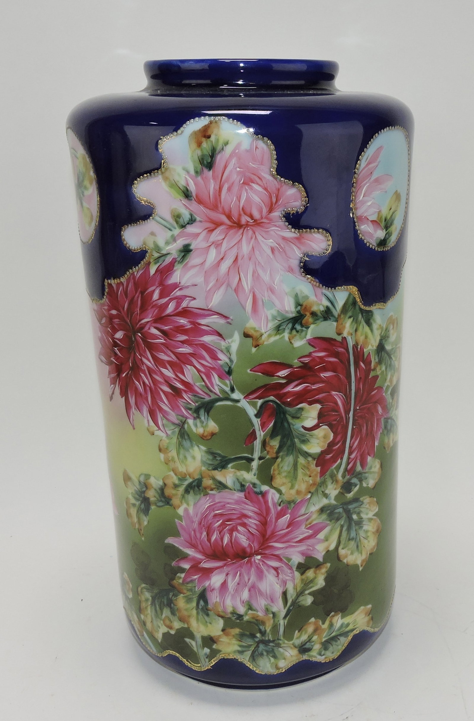 Nippon cobalt floral large 15" vase,: unmarked
