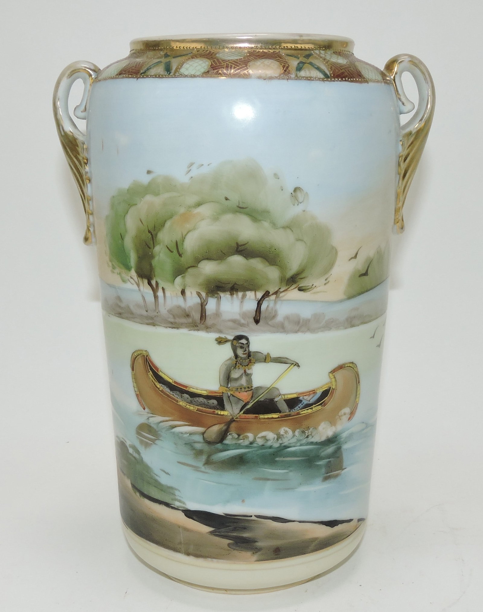 Nippon vase with Indian in canoe 9 1/2": .