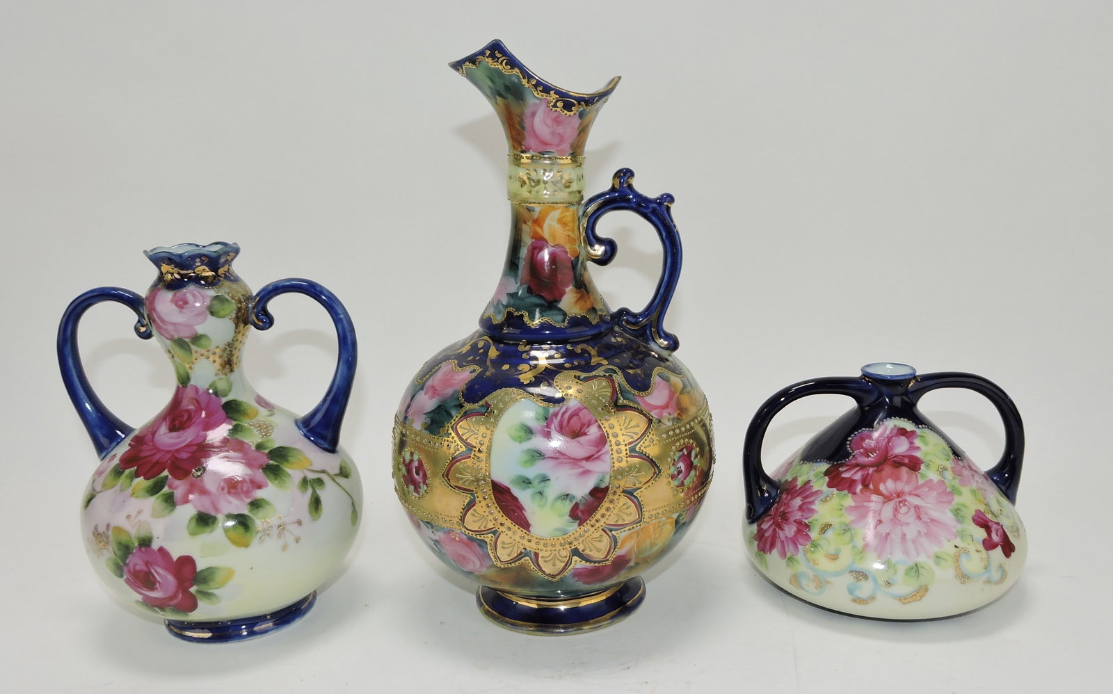 Nippon lot of 2 vases and ewer each: with cobalt ground and flowers, 4 to 11"
