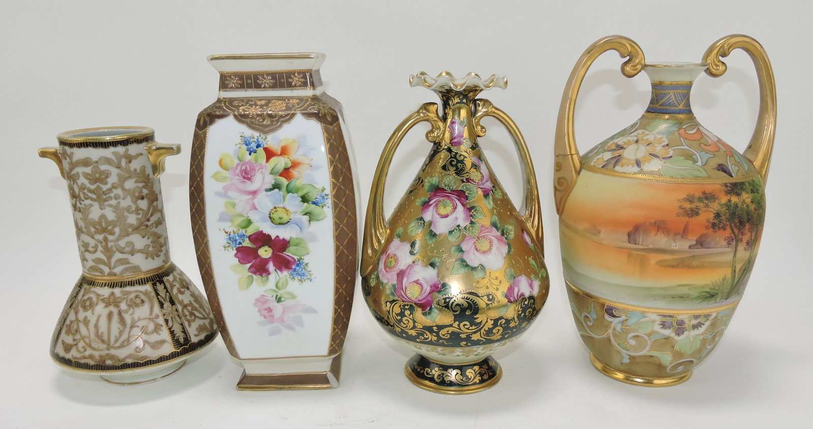 Nippon lot of 4 vases 8 to 11", various: condition
