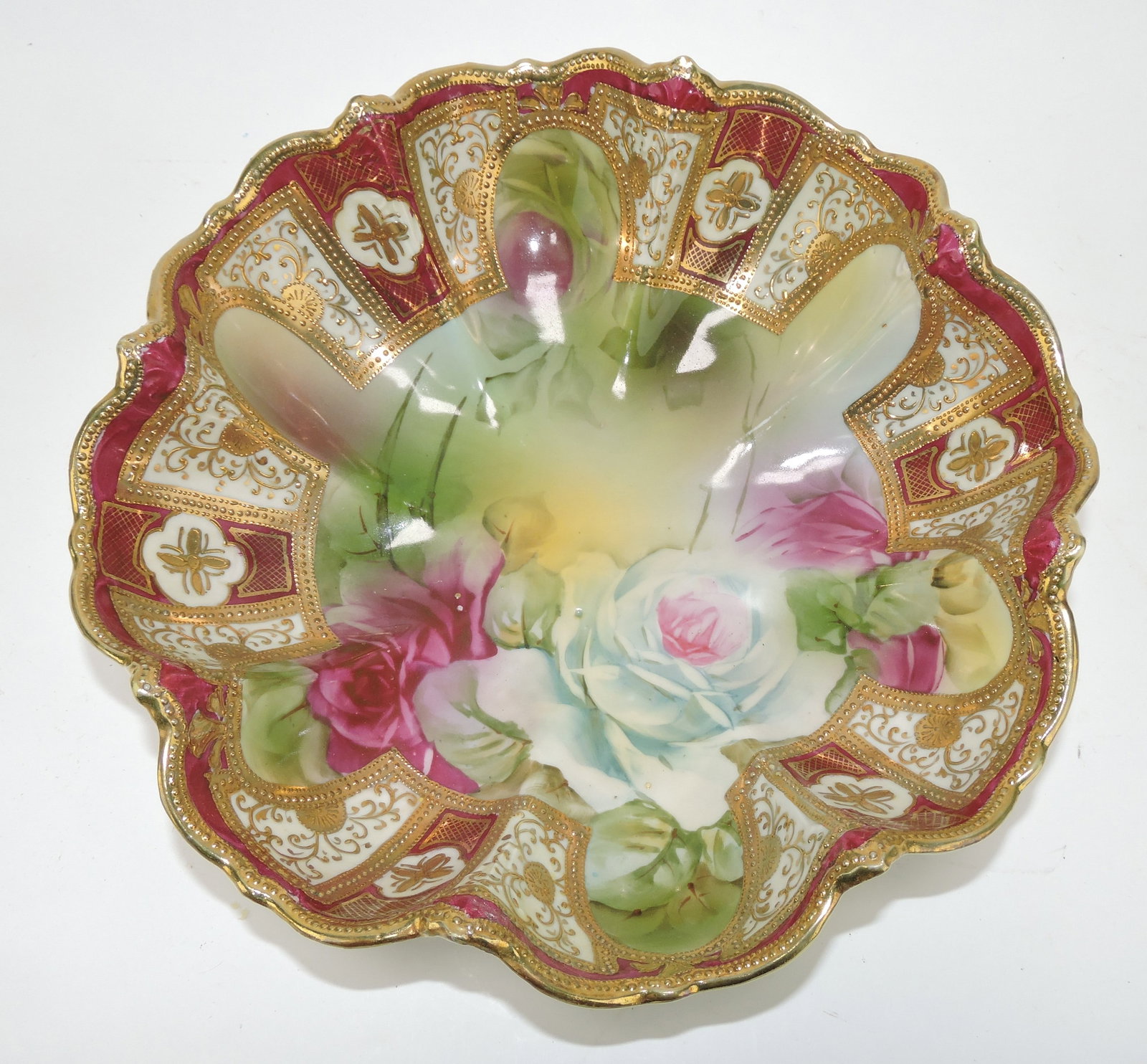 Nippon deep bowl with roses and: heavy gold, 11"