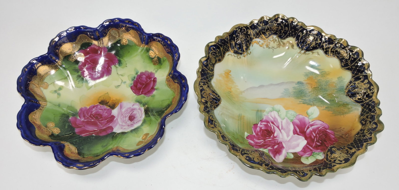 Nippon lot of 2 deep bowls, cobalt with: roses and gold, 10 1/4" & 11 1/4"