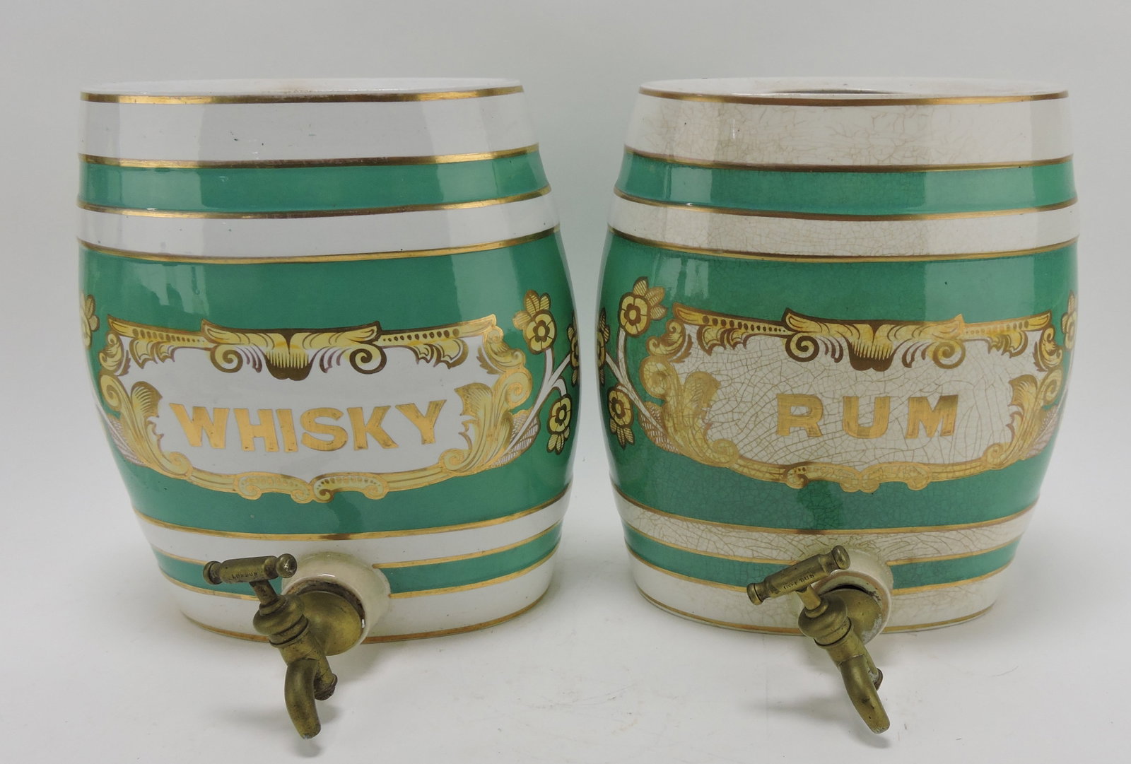 Whiskey and Rum barrel dispensers,: no lids, rim chip to Whiskey, 11"