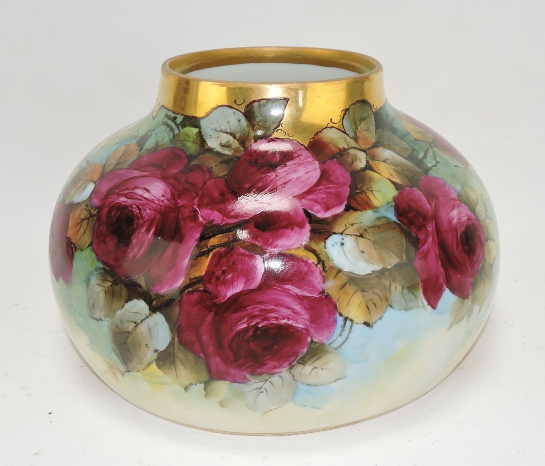 Limoge large bulbous vase with roses,: 7'h, 11"w